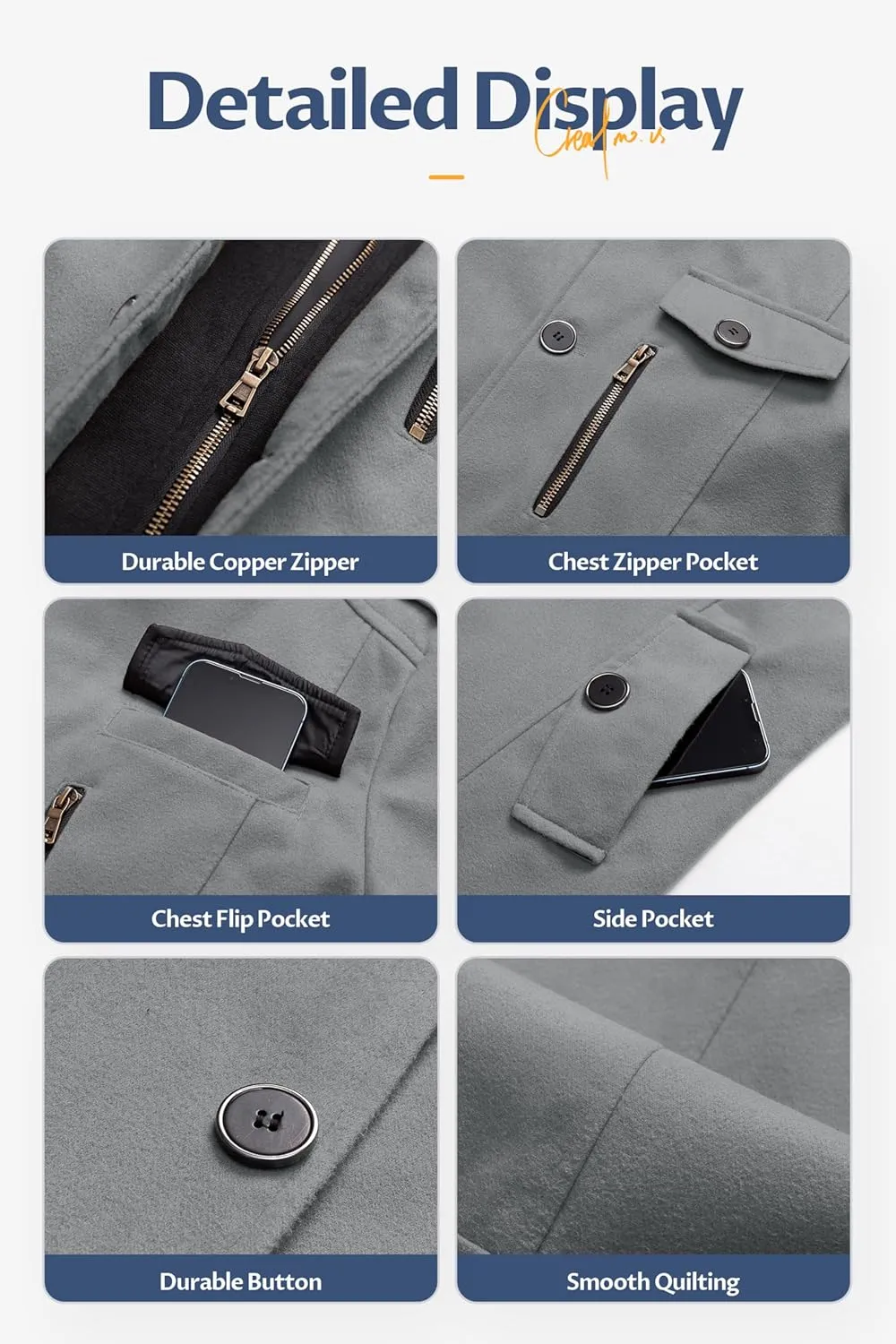 CREATMO US Men's Classic Pea Coat Wool Blend Trench Coat Windproof Business Overcoat With Detachable Hood
