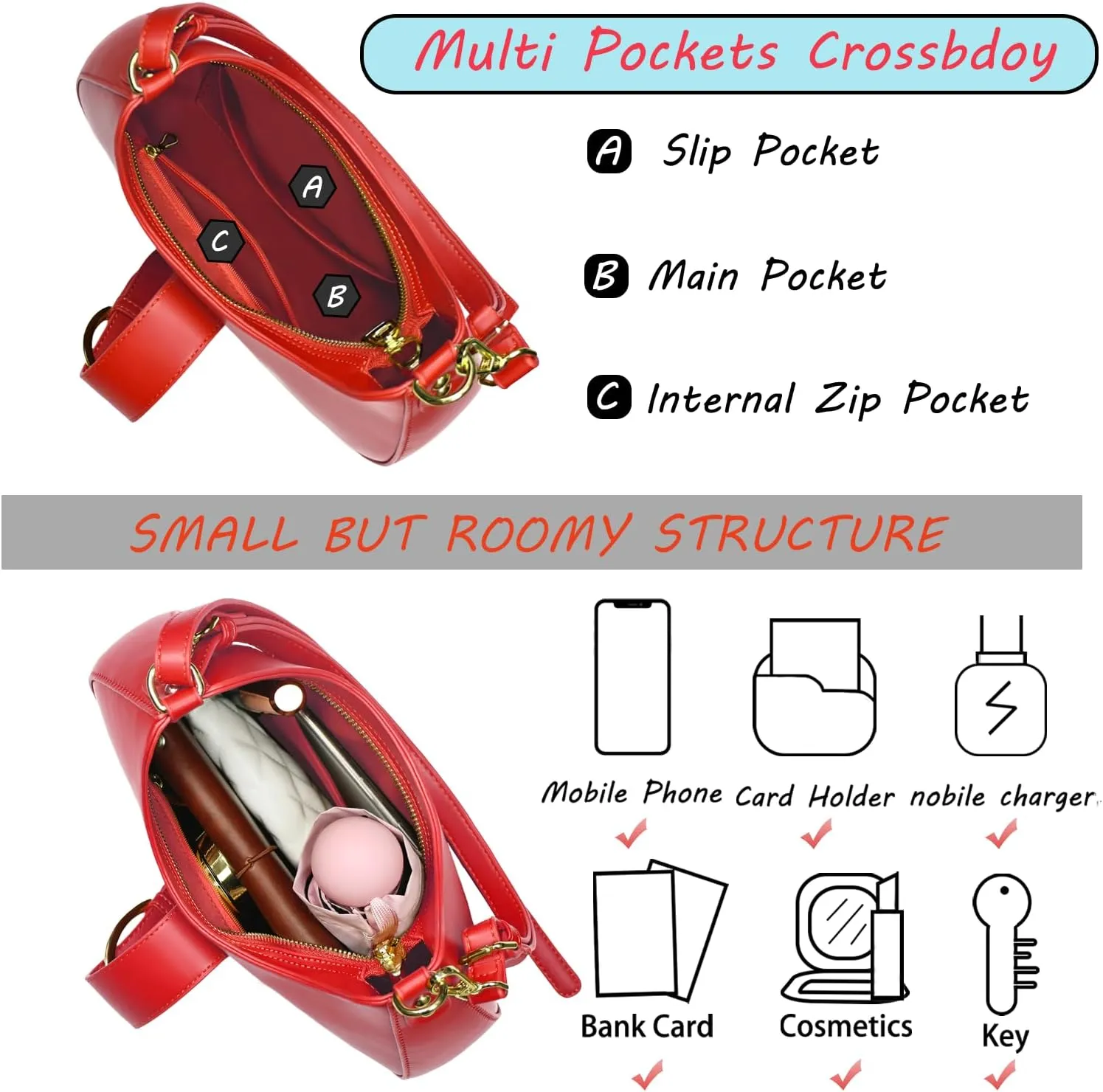 Crescent Bag for Women Small Shoulder Purses Leather Zip Handbag Crossbody Bags Cute Hobo Tote Bag
