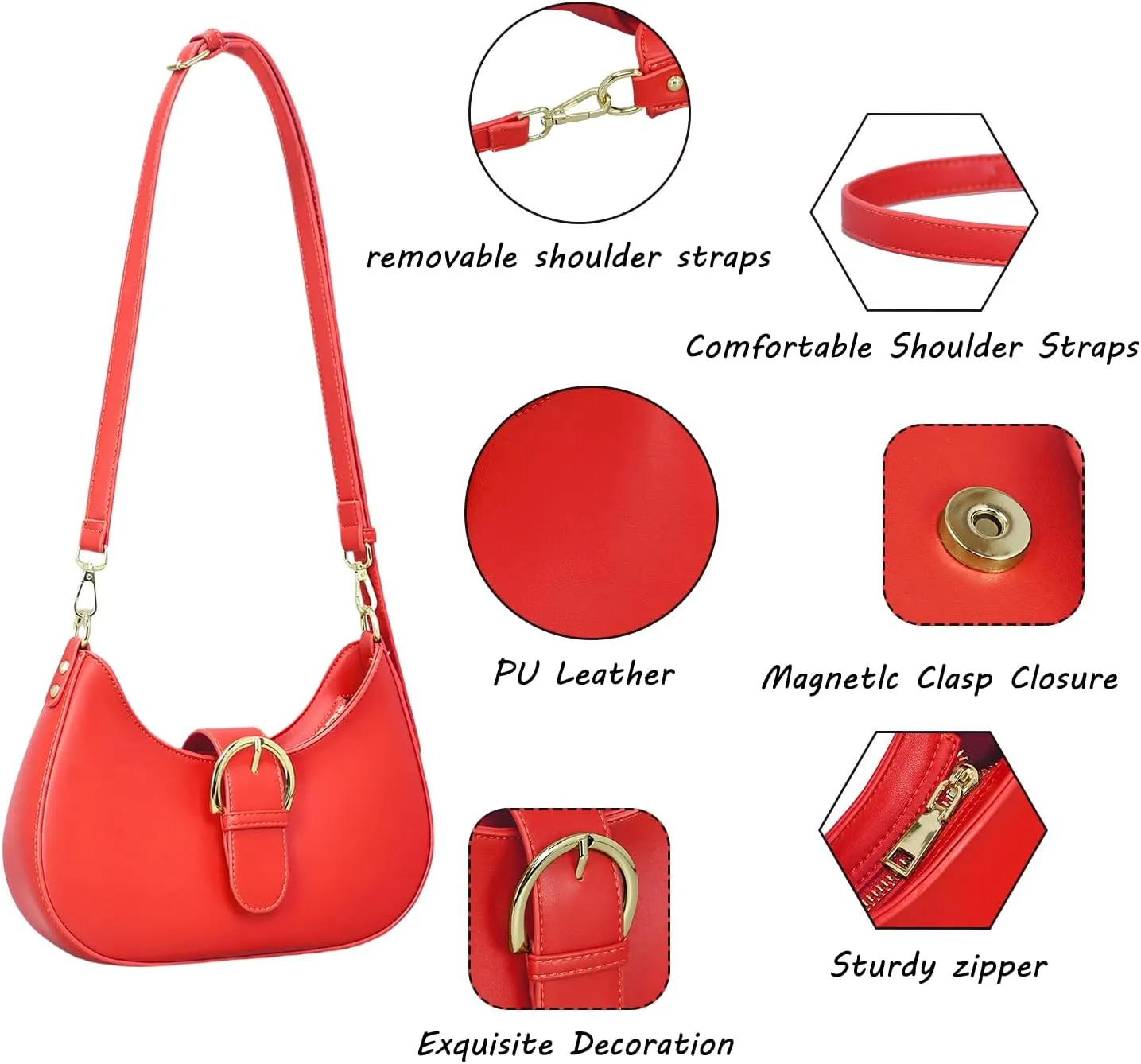 Crescent Bag for Women Small Shoulder Purses Leather Zip Handbag Crossbody Bags Cute Hobo Tote Bag
