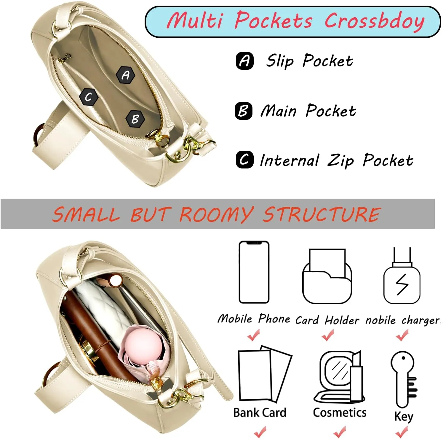 Crescent Bag for Women Small Shoulder Purses Leather Zip Handbag Crossbody Bags Cute Hobo Tote Bag