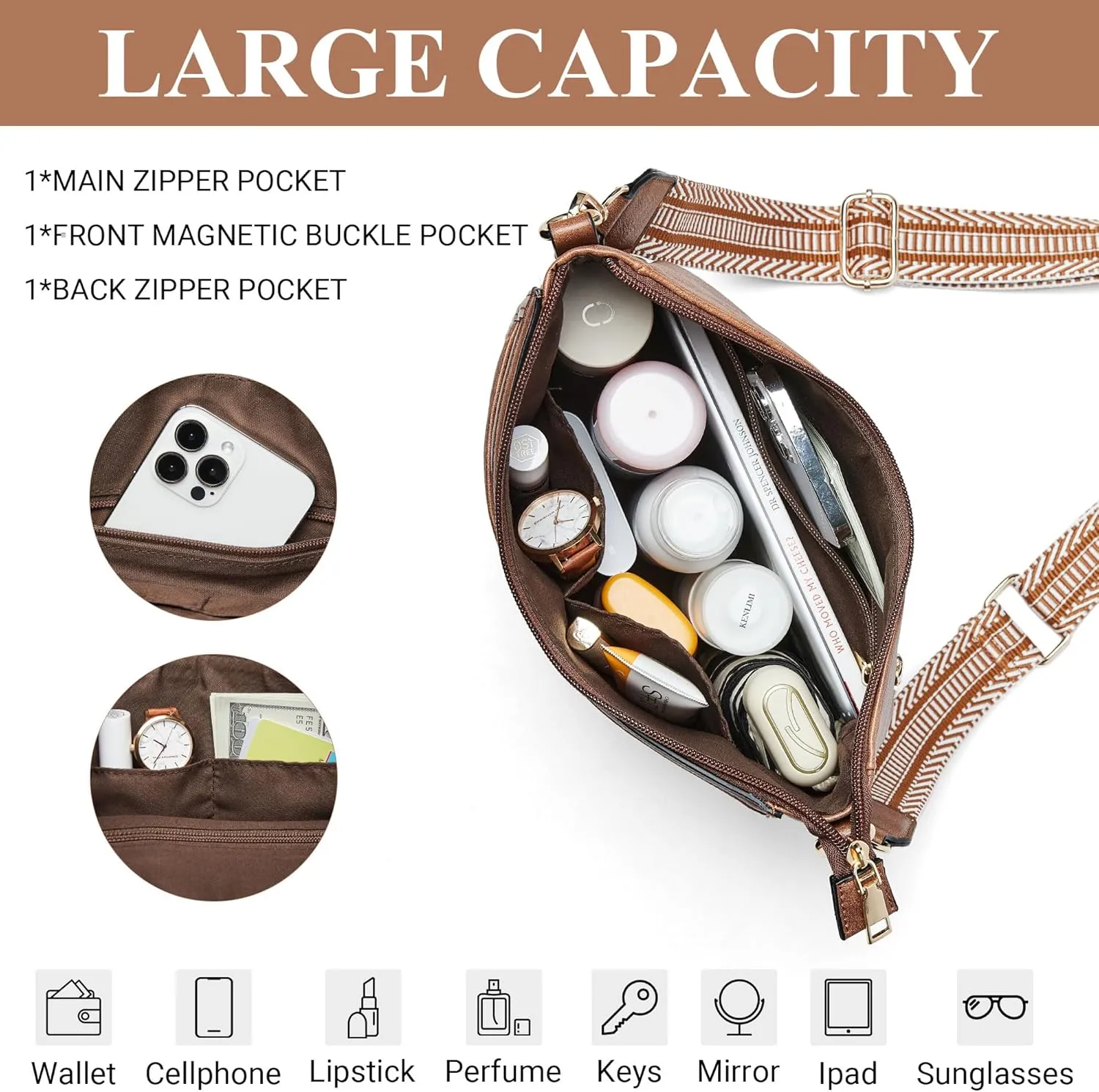 Crossbody Bags for Women Vegan Leather Hobo Purses Travel Shoulder Handbags with Detachable Wide Guitar Strap