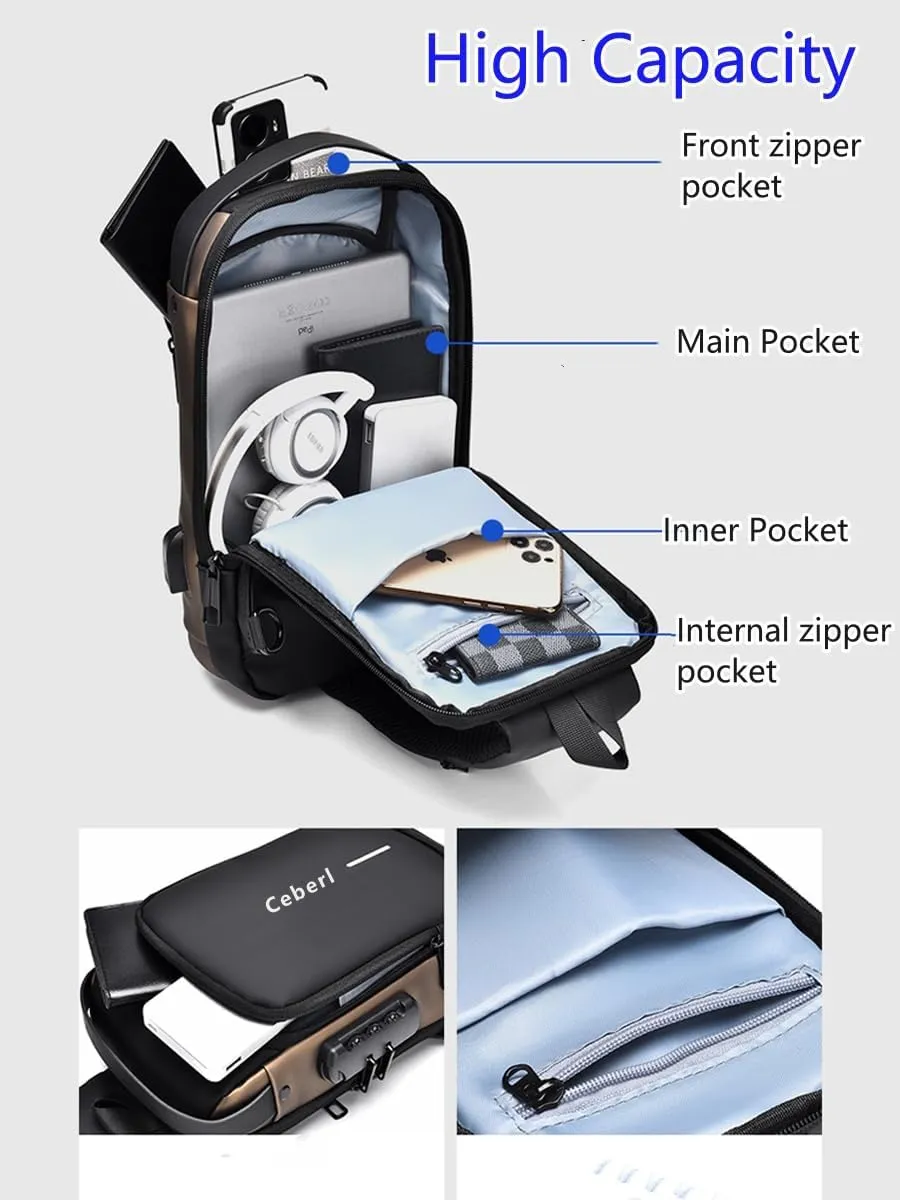 Crossbody Sling Bag for Men Women,Anti-Theft Shoulder Backpack Waterproof Chest Daypack with USB Charging Hole (Grey)