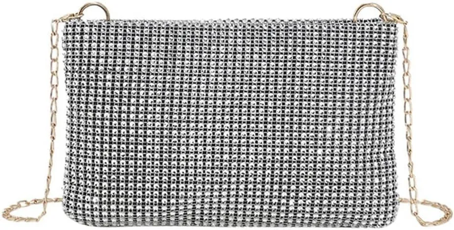 Crystal Rhinestone Clutch Purses for Women,Fashion Shine Bling Party Evening Bag with Chain Clutch Small Handbags Shoulder Bags(silver)