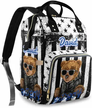 Custom Bear Diaper Bag Backpack for Baby Boy, Personalized Name American Flag Large Nappy Nursing Orangizer Mommy Bags, Waterproof Travel Daypack for Dad Mom Gifts
