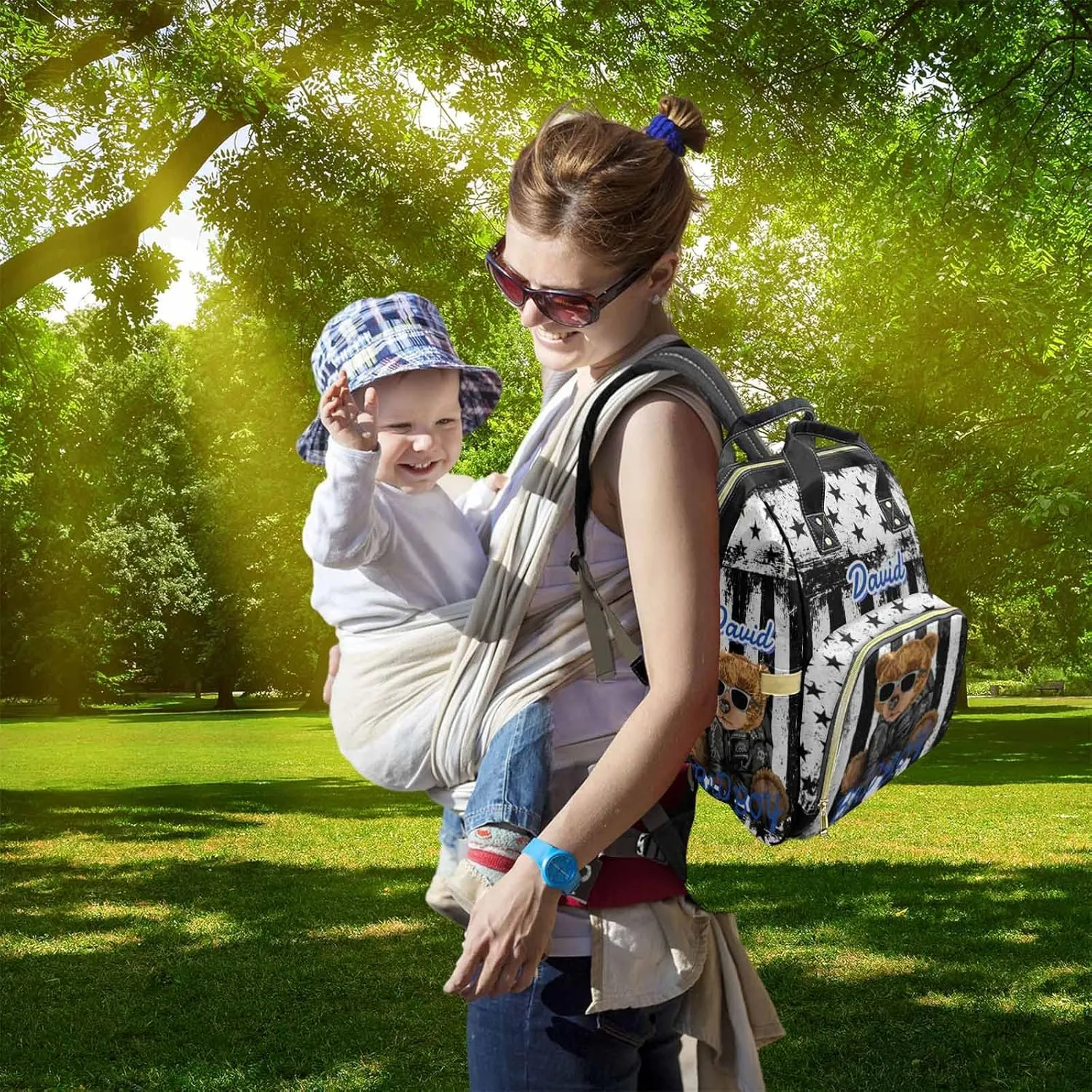 Custom Bear Diaper Bag Backpack for Baby Boy, Personalized Name American Flag Large Nappy Nursing Orangizer Mommy Bags, Waterproof Travel Daypack for Dad Mom Gifts