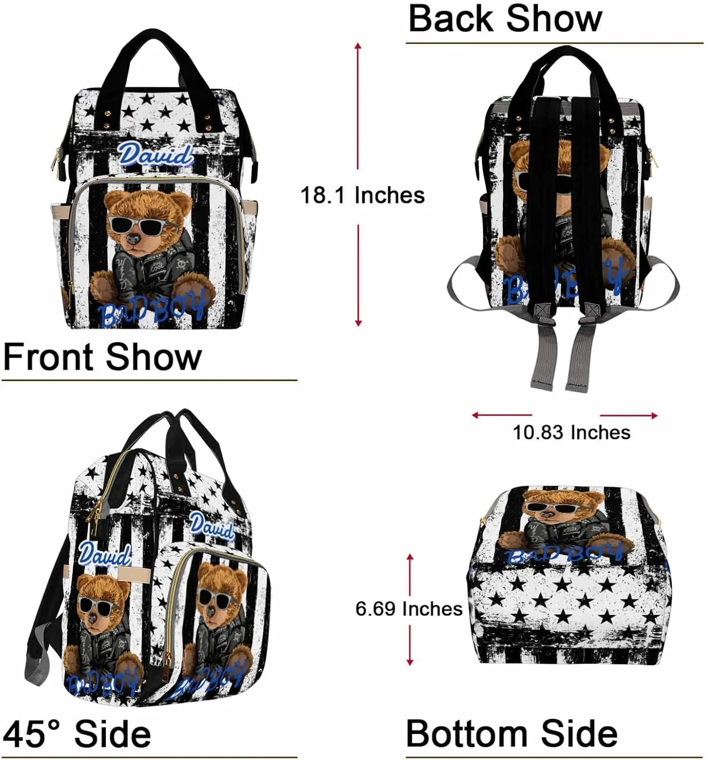 Custom Bear Diaper Bag Backpack for Baby Boy, Personalized Name American Flag Large Nappy Nursing Orangizer Mommy Bags, Waterproof Travel Daypack for Dad Mom Gifts