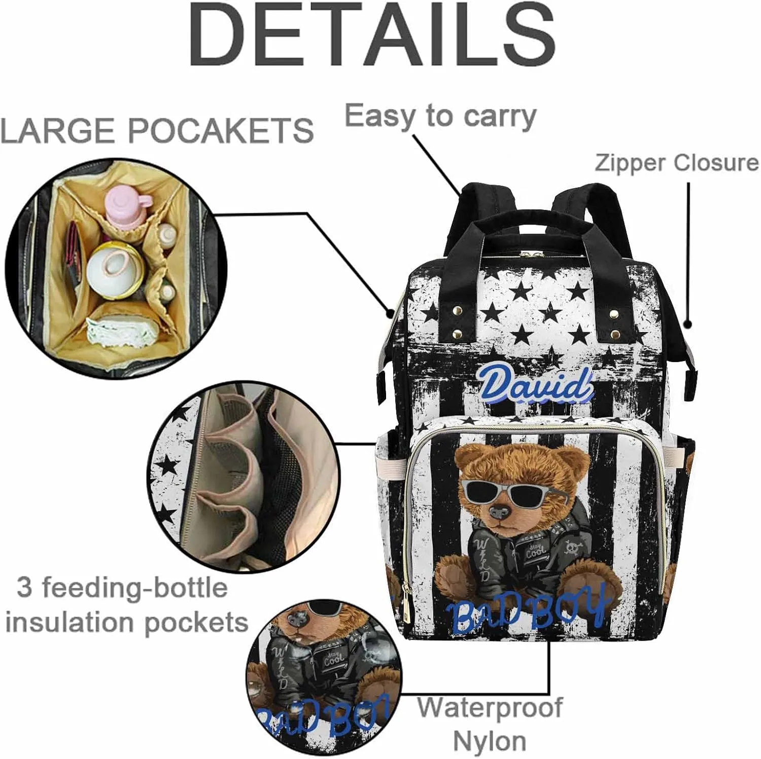 Custom Bear Diaper Bag Backpack for Baby Boy, Personalized Name American Flag Large Nappy Nursing Orangizer Mommy Bags, Waterproof Travel Daypack for Dad Mom Gifts
