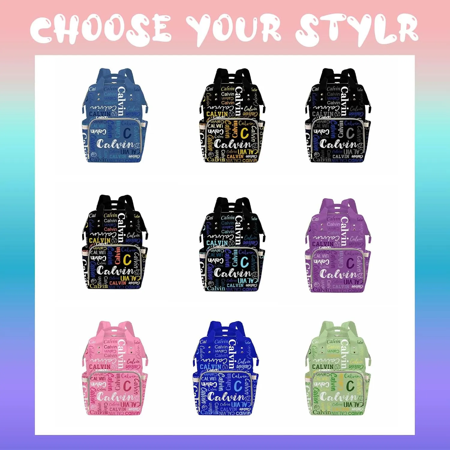 Custom Diaper Bag Backpack Monogram Artwork Name Nylon?Handbag with Name Waterproof for Men Women Personalized Name Nappy Bags Large Capacity for Mom Dad Birthday Baby Shower