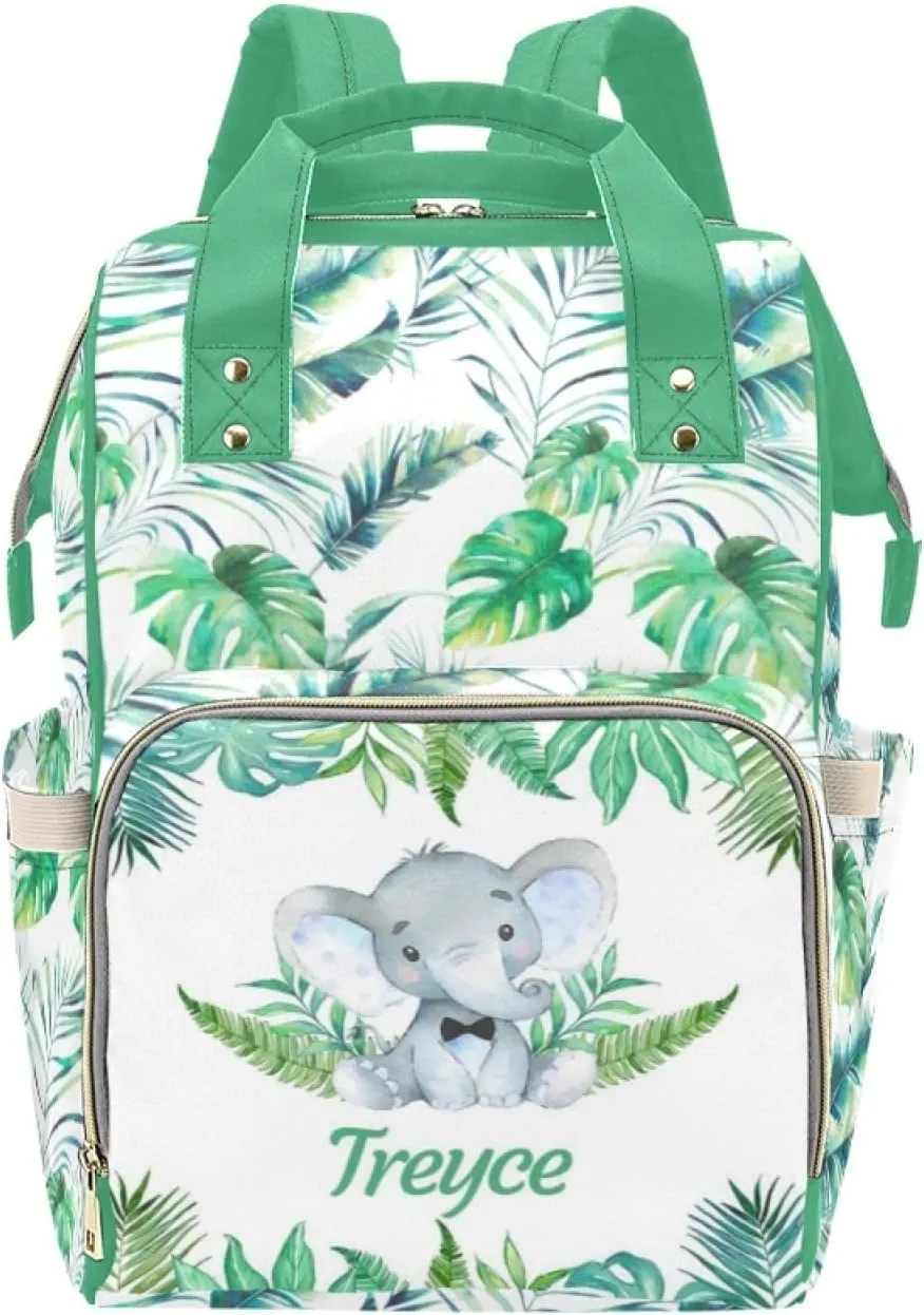 Custom Diaper Bag with Name Personalized Elephant Leaf Nylon Travel Backpack for Holiday Travel Customized Nappy Changing Bag with Pockets for New Mom