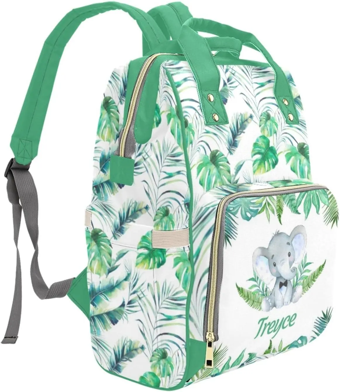 Custom Diaper Bag with Name Personalized Elephant Leaf Nylon Travel Backpack for Holiday Travel Customized Nappy Changing Bag with Pockets for New Mom