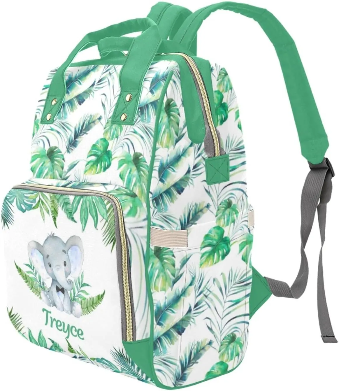 Custom Diaper Bag with Name Personalized Elephant Leaf Nylon Travel Backpack for Holiday Travel Customized Nappy Changing Bag with Pockets for New Mom