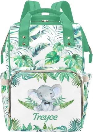 Custom Diaper Bag with Name Personalized Elephant Leaf Nylon Travel Backpack for Holiday Travel Customized Nappy Changing Bag with Pockets for New Mom
