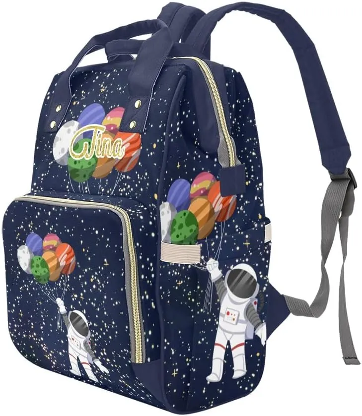 Custom Name Diaper Bag Backpack Astronaut Holding Planet Balloon Clear Up Clutter: Big Capacity Waterproof Bag with Extra Compartments