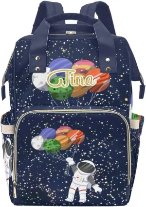Custom Name Diaper Bag Backpack Astronaut Holding Planet Balloon Clear Up Clutter: Big Capacity Waterproof Bag with Extra Compartments