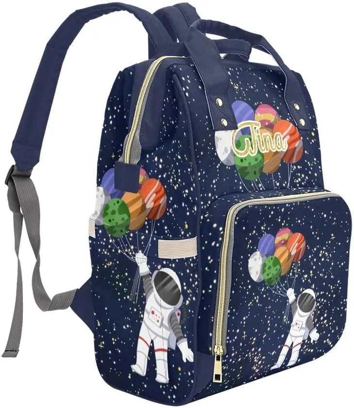 Custom Name Diaper Bag Backpack Astronaut Holding Planet Balloon Clear Up Clutter: Big Capacity Waterproof Bag with Extra Compartments