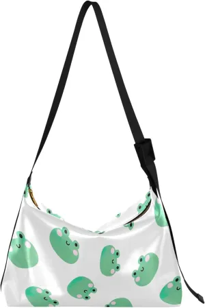 Cute Frog Heads Green White Leather Hobo Purses for Women Large Crossbody Bag Animal Print Crossbody Hobo Handbag