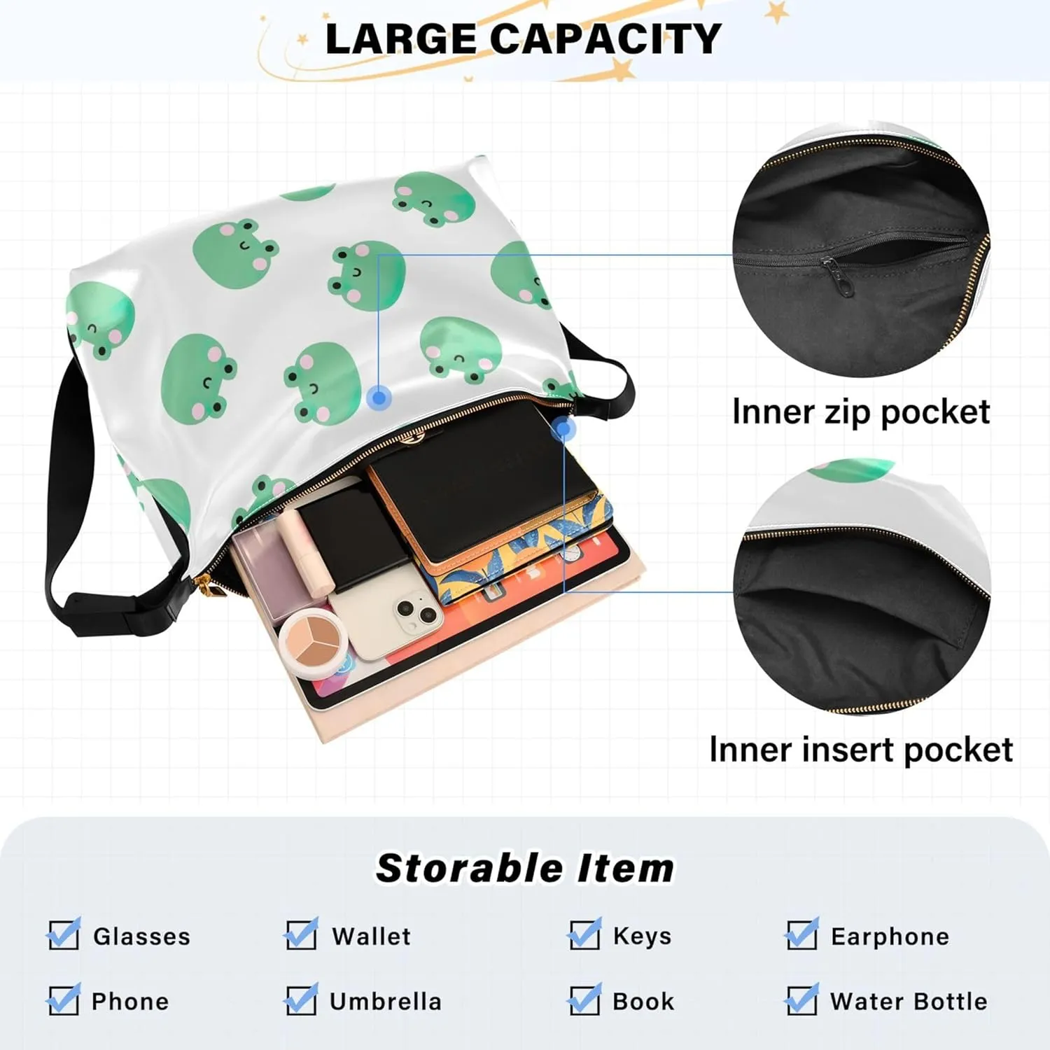 Cute Frog Heads Green White Leather Hobo Purses for Women Large Crossbody Bag Animal Print Crossbody Hobo Handbag