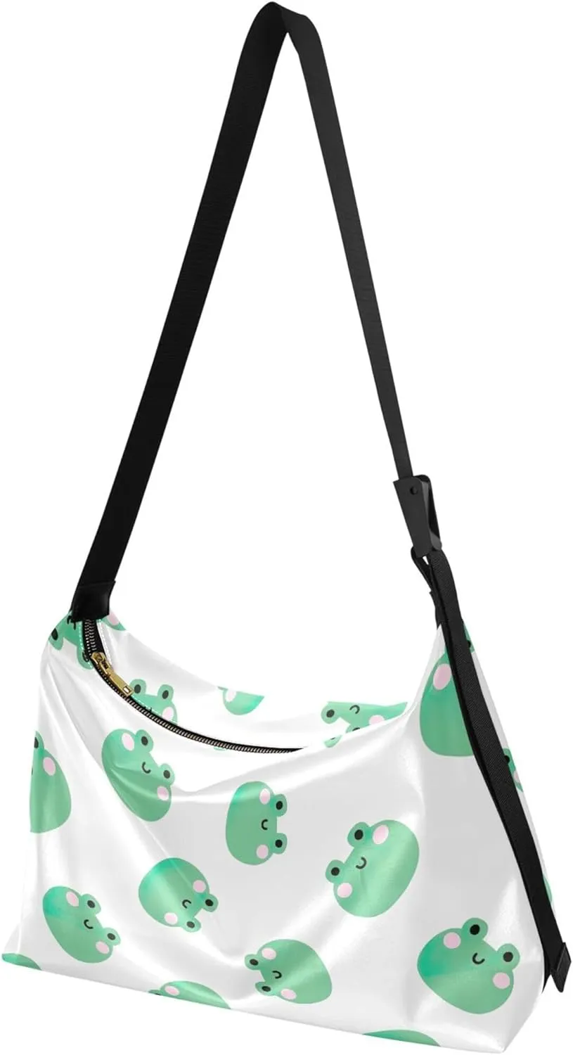 Cute Frog Heads Green White Leather Hobo Purses for Women Large Crossbody Bag Animal Print Crossbody Hobo Handbag