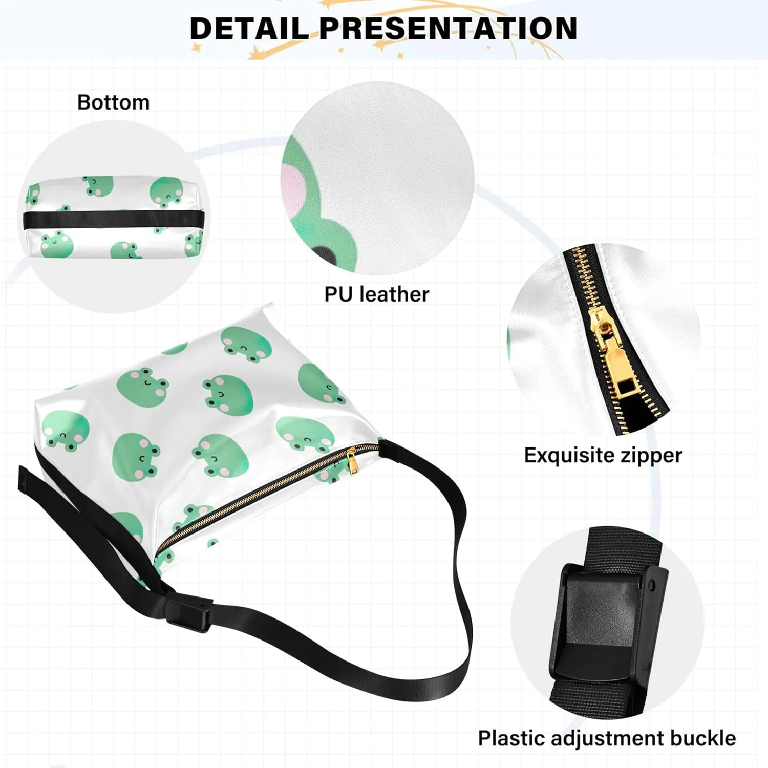 Cute Frog Heads Green White Leather Hobo Purses for Women Large Crossbody Bag Animal Print Crossbody Hobo Handbag
