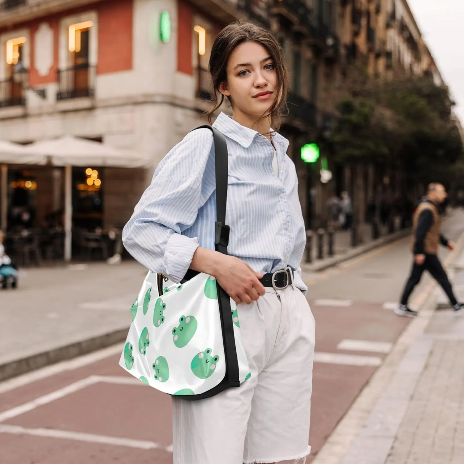 Cute Frog Heads Green White Leather Hobo Purses for Women Large Crossbody Bag Animal Print Crossbody Hobo Handbag