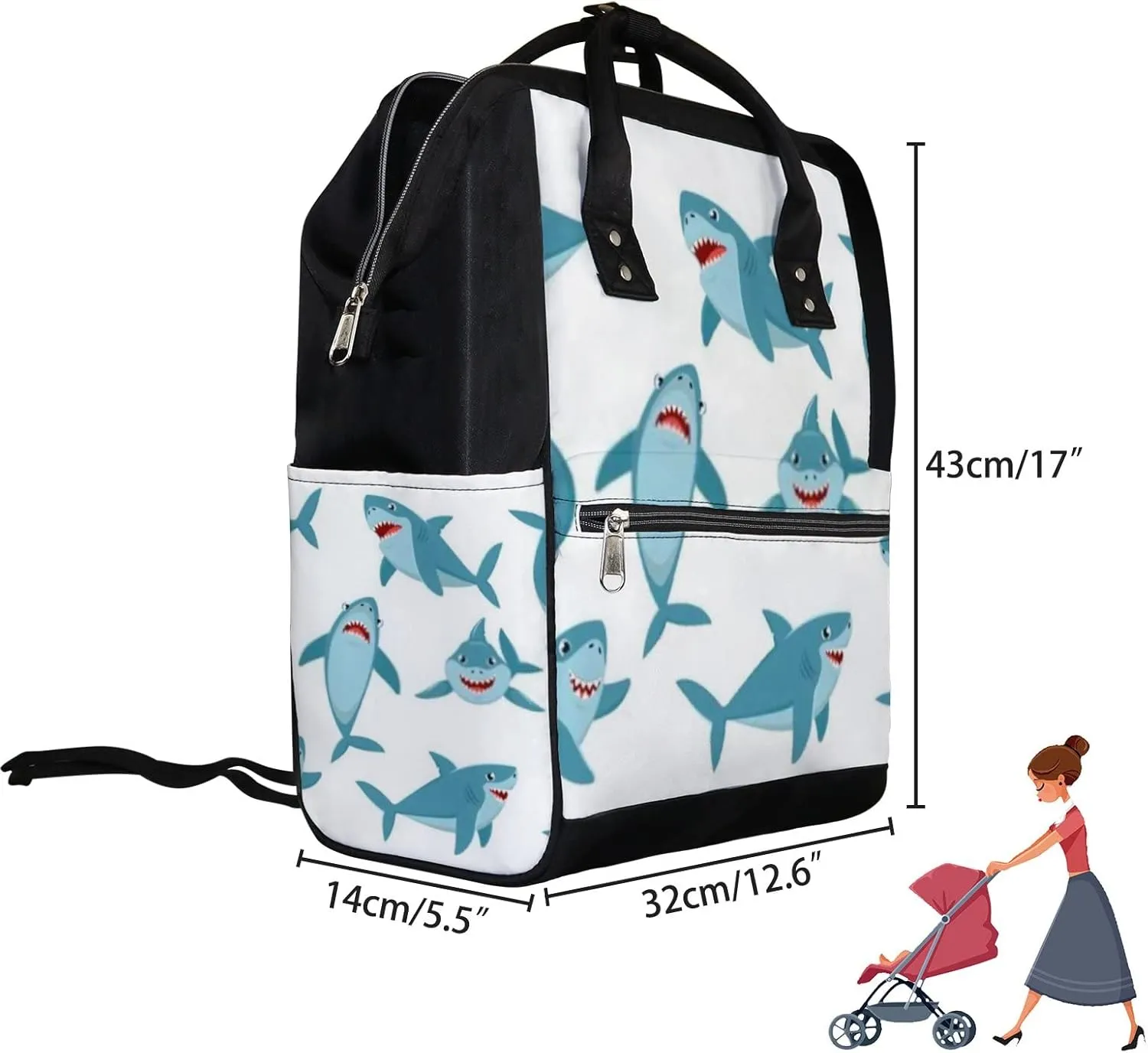 Cute Green Shark Cartoon Ocean Fish Diaper Bag Backpack, waterproof backpack Baby Nappy Changing Bags Laptop Backpack for Travel, Large Capacity, Durable and Stylish for Woman and Men.