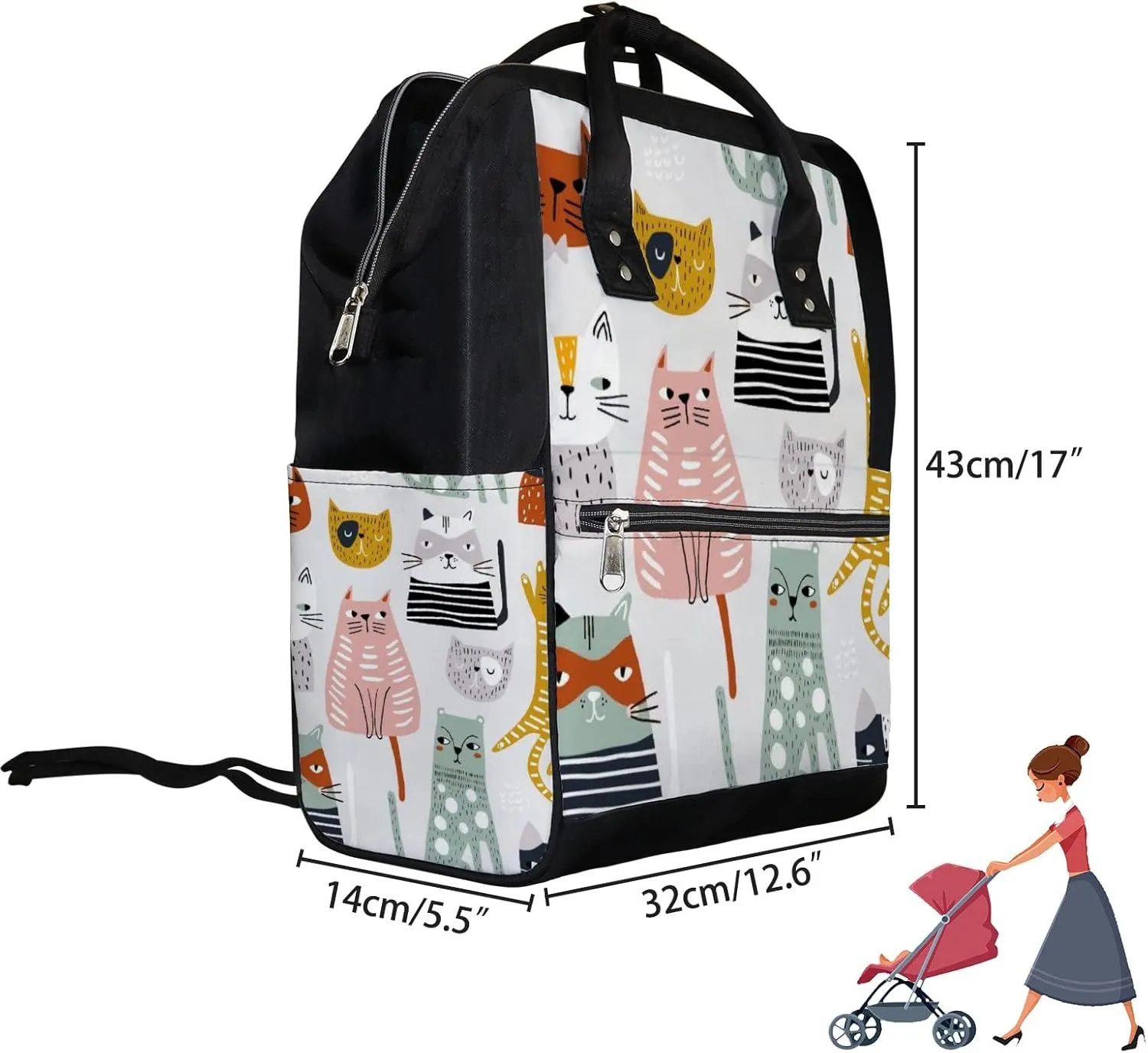 Cute Kawaii Colorful Cats Diaper Bag Backpack, waterproof backpack Baby Nappy Changing Bags Laptop Backpack for Travel, Large Capacity, Durable and Stylish for Woman and Men.