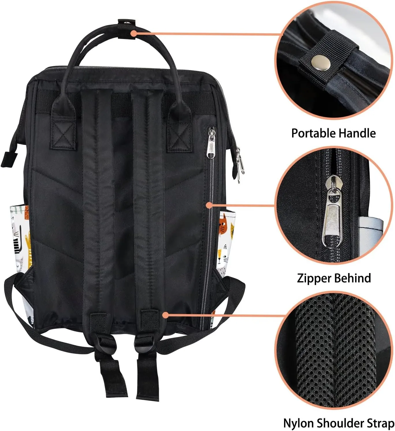 Cute Kawaii Colorful Cats Diaper Bag Backpack, waterproof backpack Baby Nappy Changing Bags Laptop Backpack for Travel, Large Capacity, Durable and Stylish for Woman and Men.