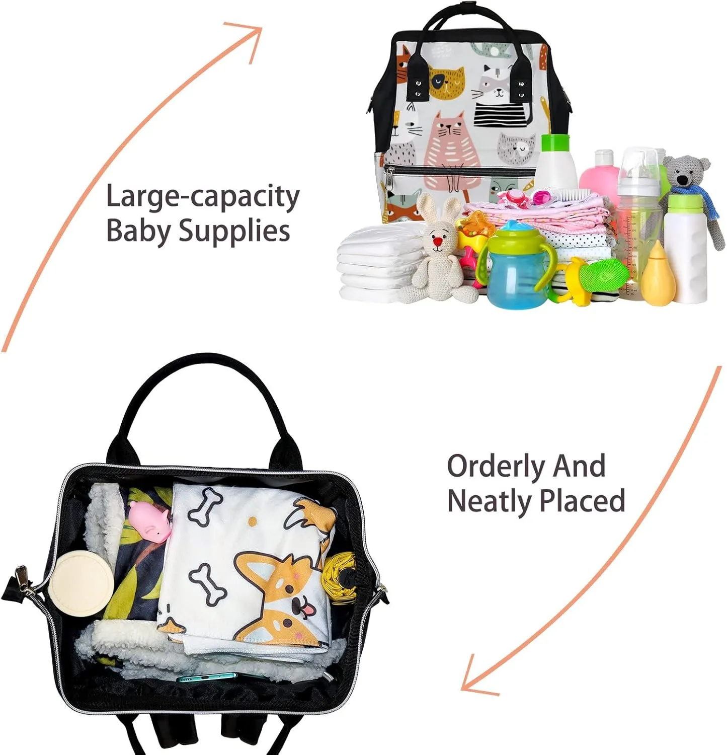 Cute Kawaii Colorful Cats Diaper Bag Backpack, waterproof backpack Baby Nappy Changing Bags Laptop Backpack for Travel, Large Capacity, Durable and Stylish for Woman and Men.