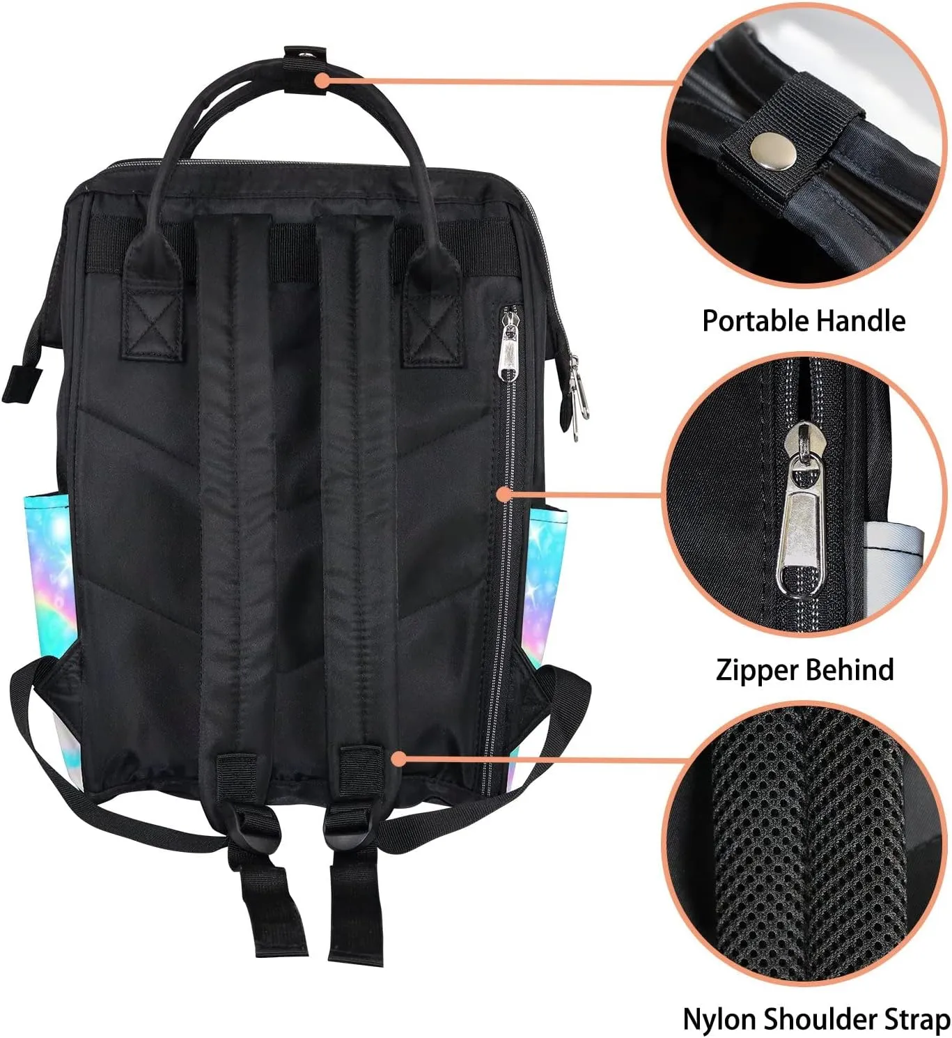 Cute Rainbow Sparkles Diaper Bag Backpack, waterproof backpack Baby Nappy Changing Bags Laptop Backpack for Travel, Large Capacity, Durable and Stylish for Woman and Men.