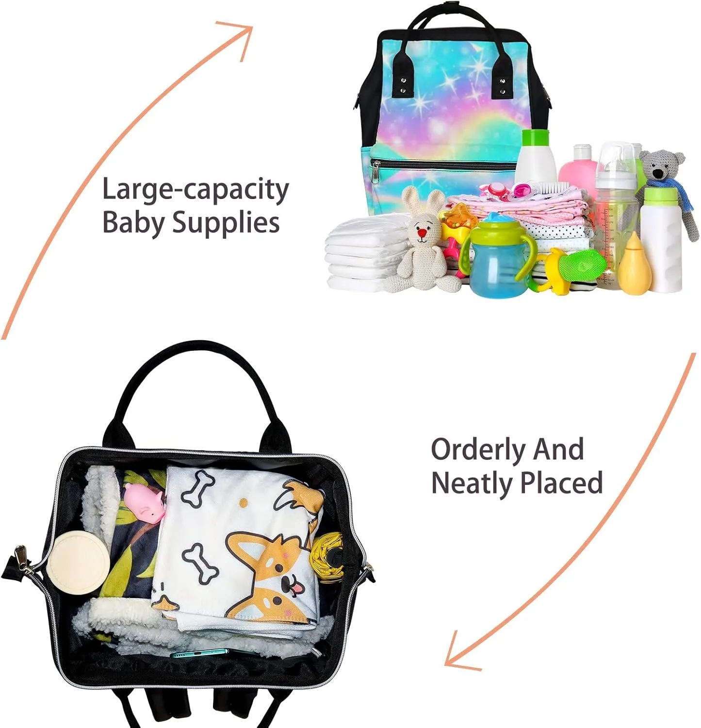 Cute Rainbow Sparkles Diaper Bag Backpack, waterproof backpack Baby Nappy Changing Bags Laptop Backpack for Travel, Large Capacity, Durable and Stylish for Woman and Men.