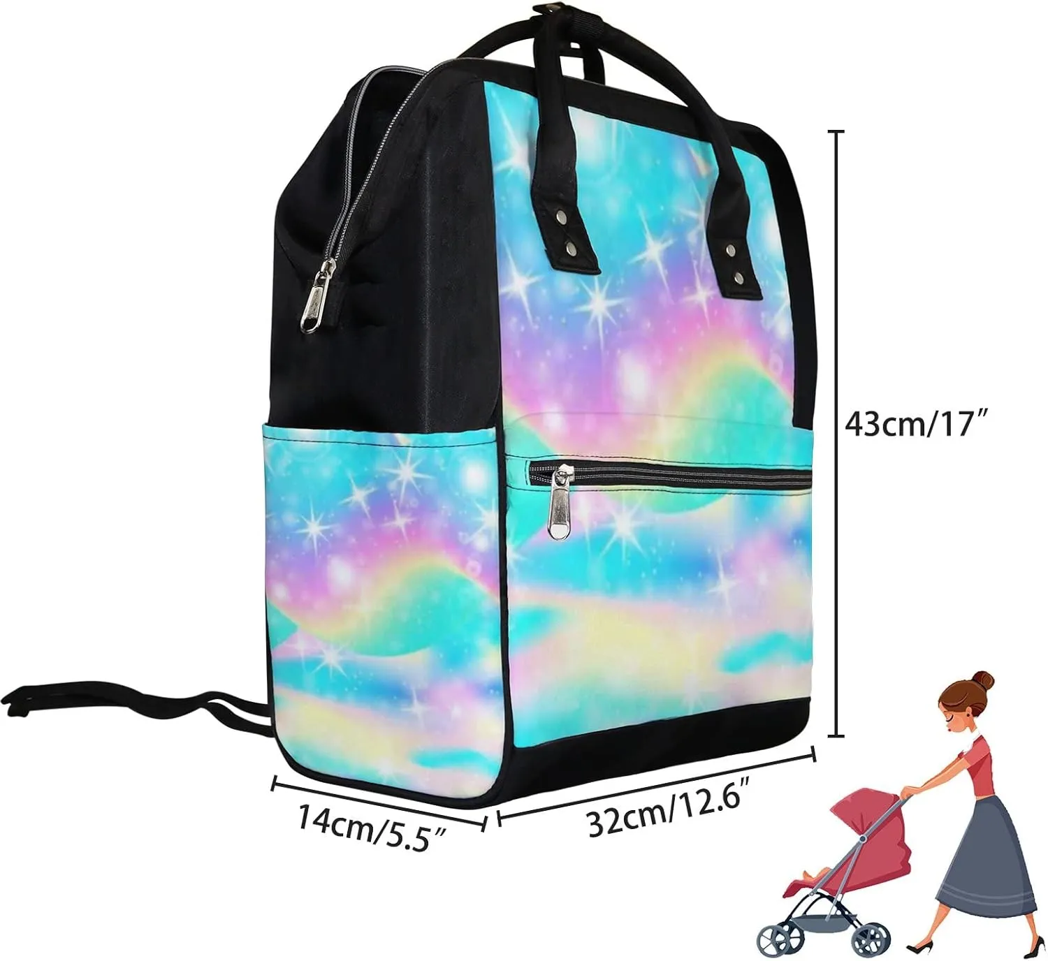 Cute Rainbow Sparkles Diaper Bag Backpack, waterproof backpack Baby Nappy Changing Bags Laptop Backpack for Travel, Large Capacity, Durable and Stylish for Woman and Men.