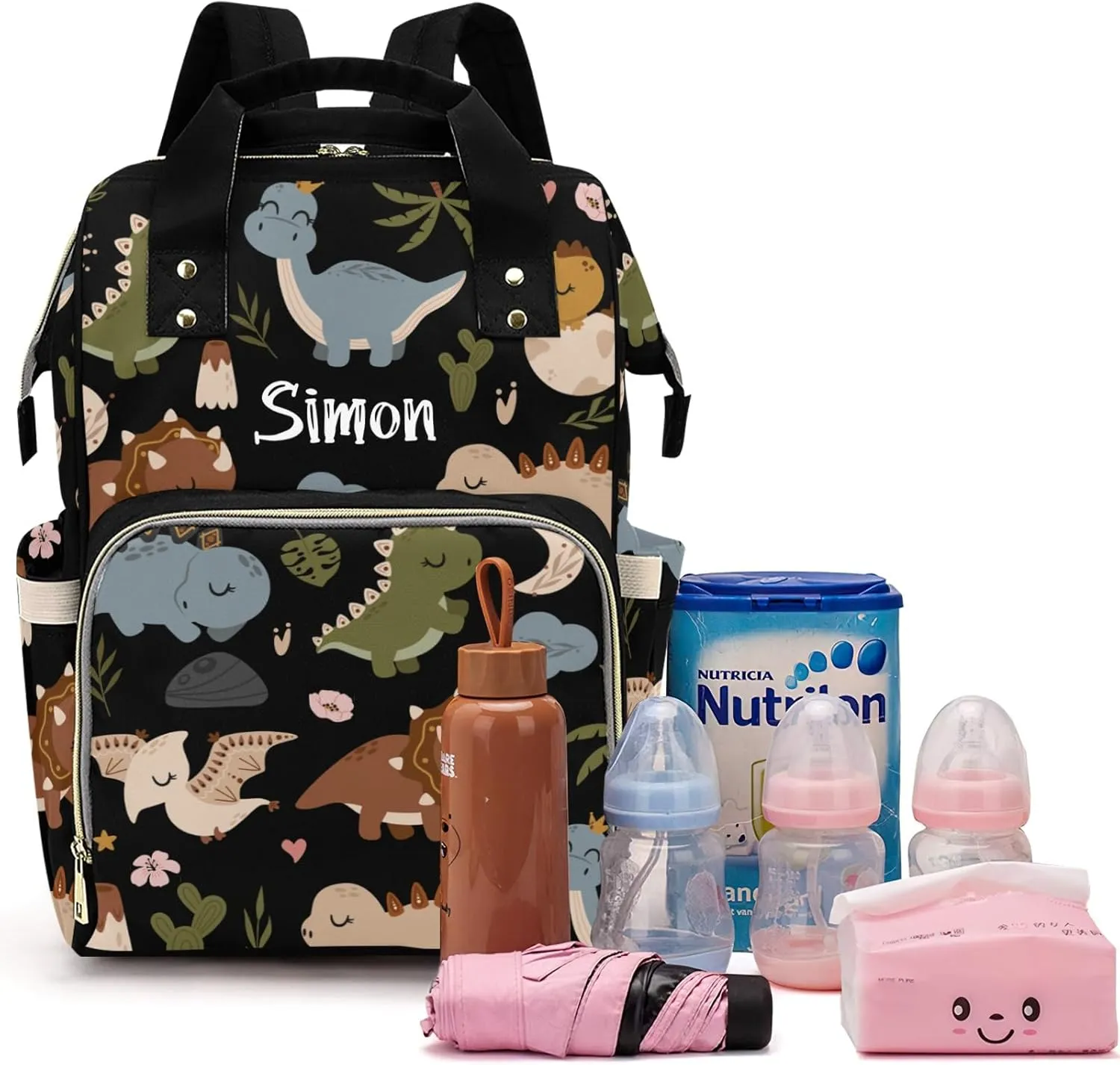 Cute Tropical Dinosaur Large Capacity Custom Diaper Bag for Baby Boy Girl Waterproof Personalized Name Diaper Bag Backpack with Multi-Pocket Customized Mom Travel Daypack for Baby Essentials