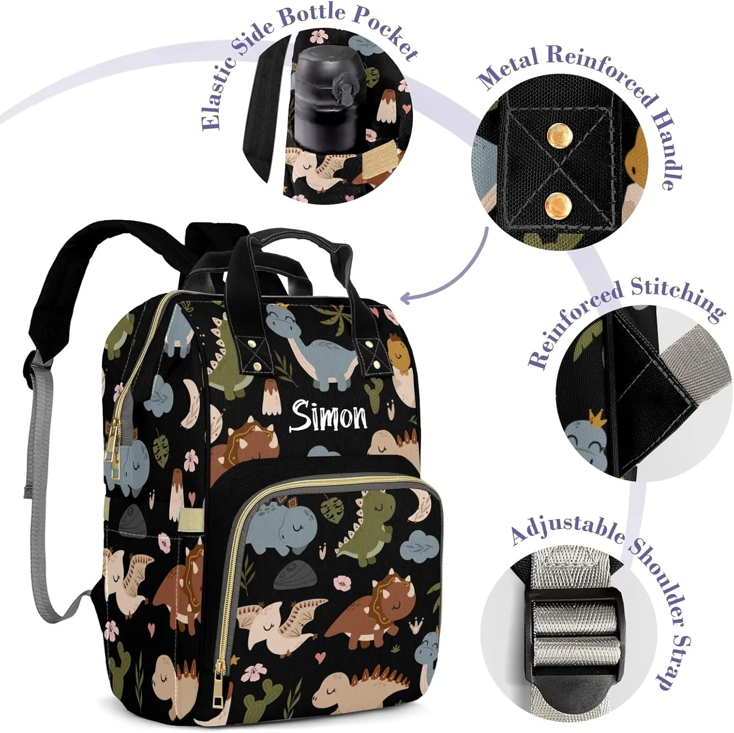 Cute Tropical Dinosaur Large Capacity Custom Diaper Bag for Baby Boy Girl Waterproof Personalized Name Diaper Bag Backpack with Multi-Pocket Customized Mom Travel Daypack for Baby Essentials