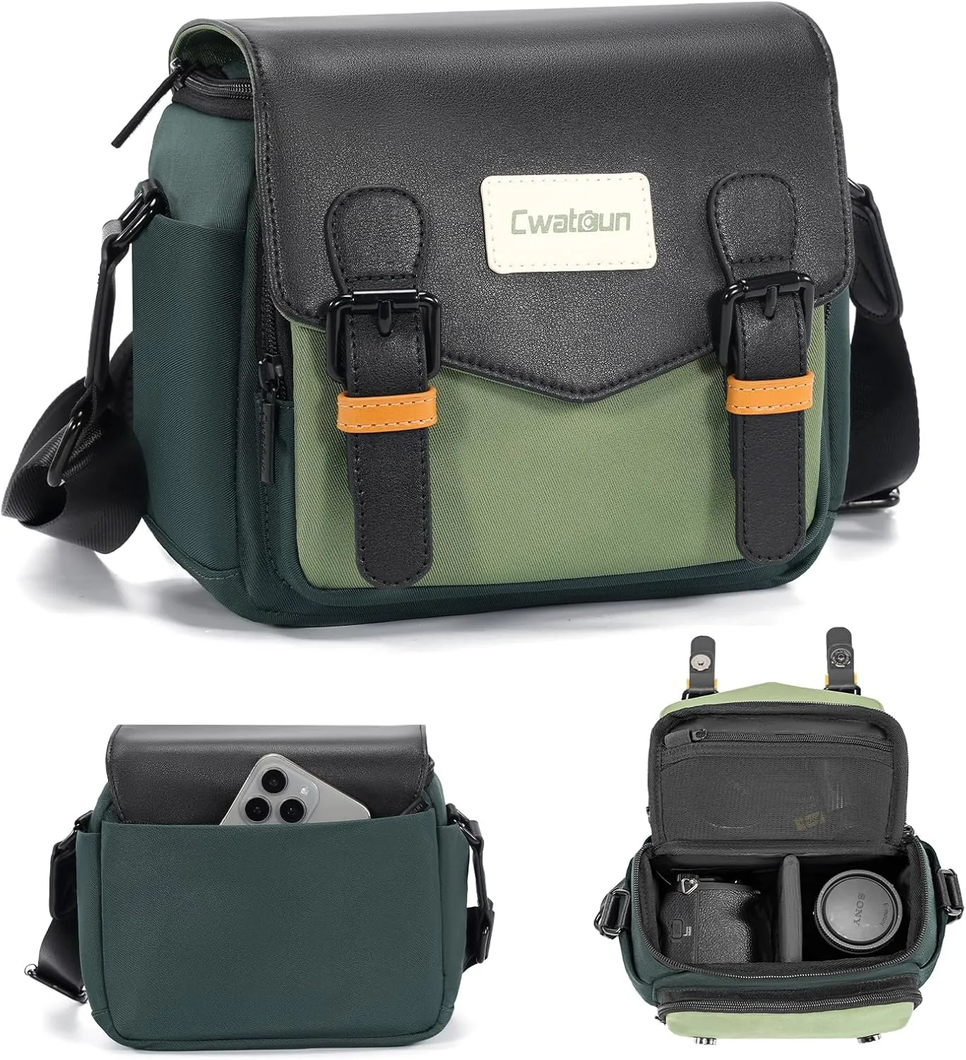 Cwatcun Camera Bag, Waterproof Flap Camera Crossbody Shoulder Messenger Case with Tripod Holder, Travel Photography Bag for Canon, Nikon, Sony, Fuji DSLR/SLR/Mirrorless Camera, Lens - Green, S