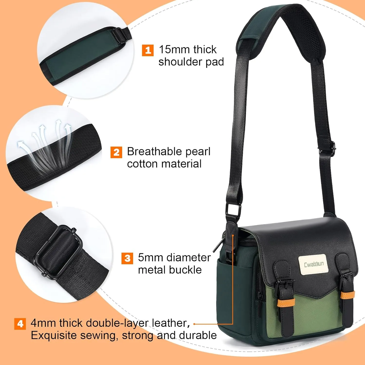 Cwatcun Camera Bag, Waterproof Flap Camera Crossbody Shoulder Messenger Case with Tripod Holder, Travel Photography Bag for Canon, Nikon, Sony, Fuji DSLR/SLR/Mirrorless Camera, Lens - Green, S