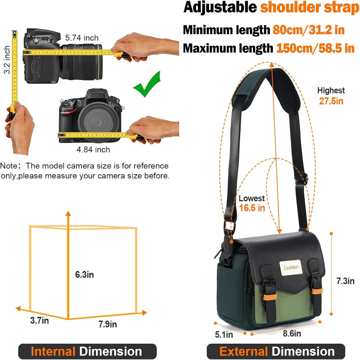 Cwatcun Camera Bag, Waterproof Flap Camera Crossbody Shoulder Messenger Case with Tripod Holder, Travel Photography Bag for Canon, Nikon, Sony, Fuji DSLR/SLR/Mirrorless Camera, Lens - Green, S
