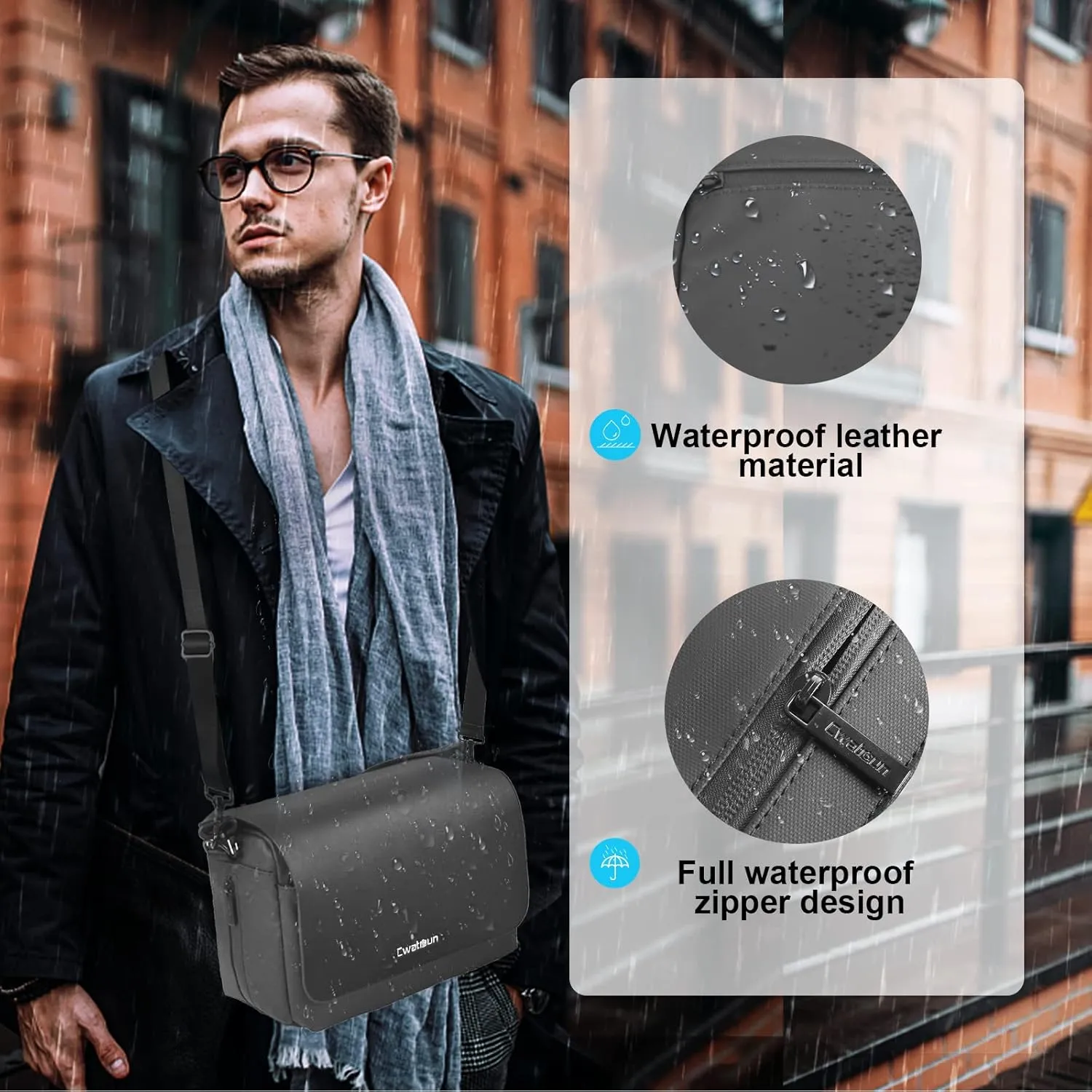 Cwatcun Camera Shoulder Bag, Waterproof Crossbody Case, Compact Photography Backpack with Tripod Holder, Compatible with Canon/Nikon/Sony/Fuji DSLR/SLR/Mirrorless Camera, Lens, Black