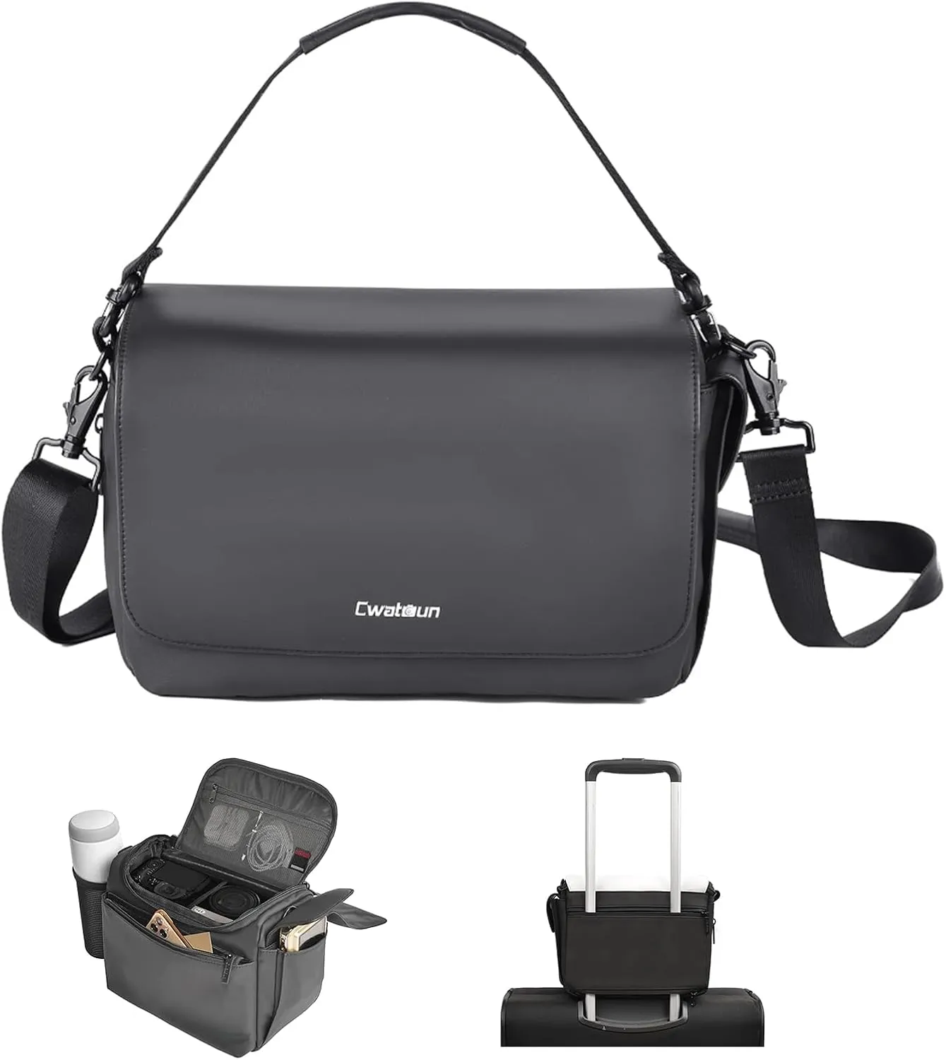 Cwatcun Camera Shoulder Bag, Waterproof Crossbody Case, Compact Photography Backpack with Tripod Holder, Compatible with Canon/Nikon/Sony/Fuji DSLR/SLR/Mirrorless Camera, Lens, Black