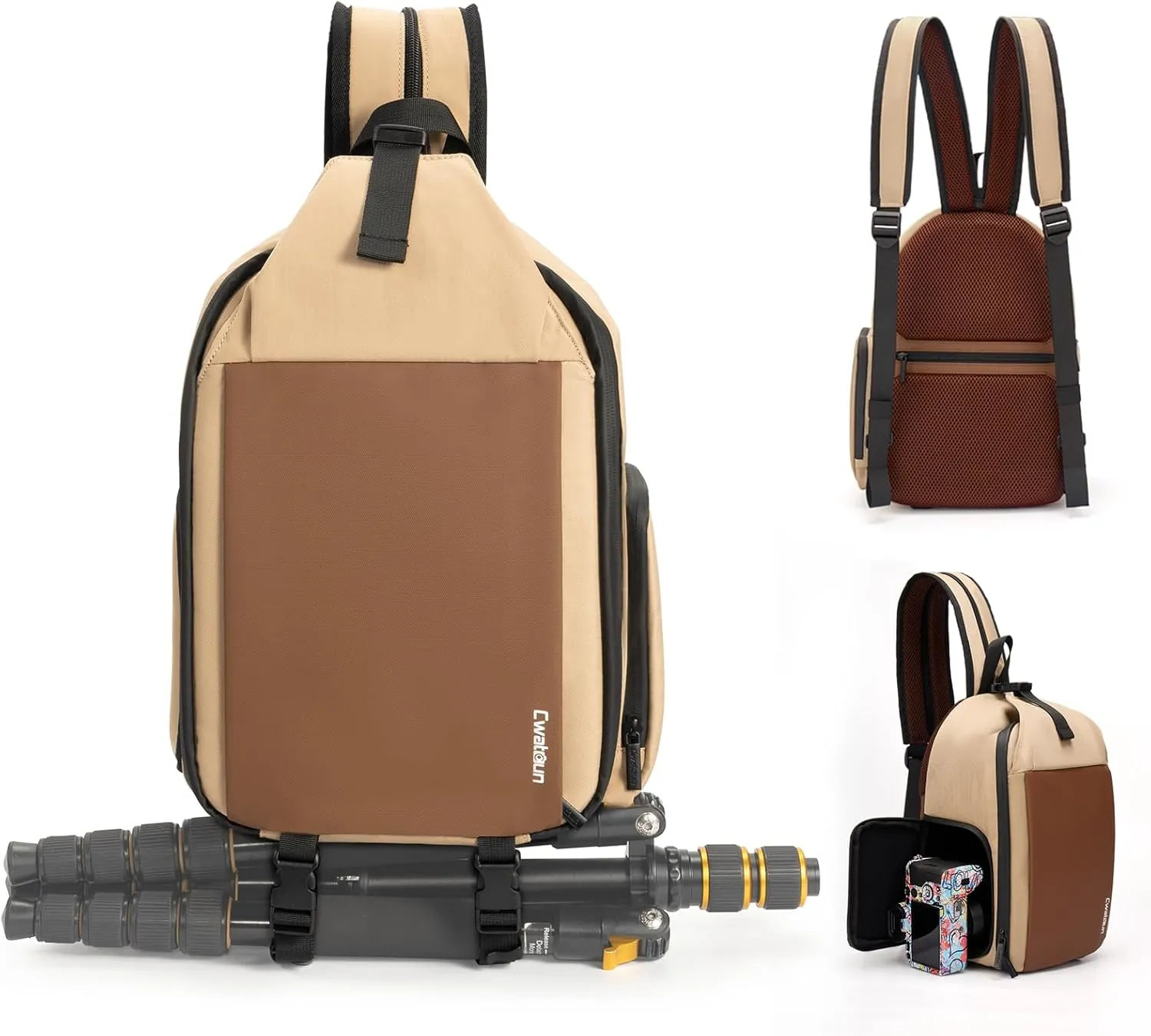 Cwatcun Camera Sling Bag, 2-in-1 as Single-shoulder Camera Bag or Small Camera Backpack with Waterproof Zipper for Travel, Anti-theft DSLR Camera Bag with Tripod Holder for Canon Nikon Sony Fuji-KHAKI