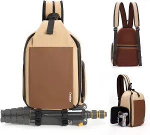 Cwatcun Camera Sling Bag, 2-in-1 as Single-shoulder Camera Bag or Small Camera Backpack with Waterproof Zipper for Travel, Anti-theft DSLR Camera Bag with Tripod Holder for Canon Nikon Sony Fuji-KHAKI