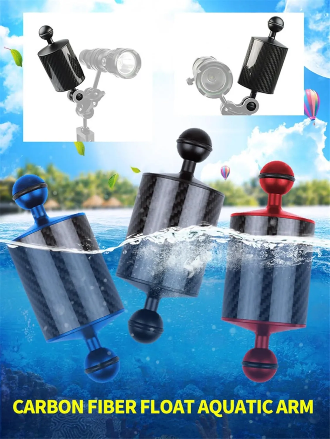 D60mm Carbon Fiber Float Arm for Ultralight, Aquatic Arm,Dual Ball Lightweight Buoyancy Arm for Underwater Camera,Diving Tray, Video Light, and Strobe (Black, D60mm 5 inch)