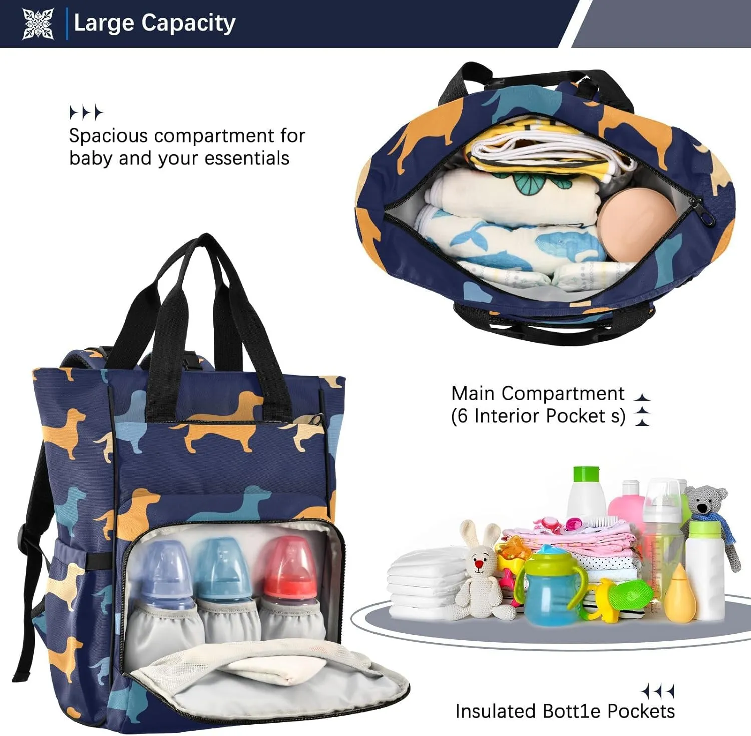 Dachshund Dogs Diaper Bag Backpack for Baby Boys Girls Multifunction Baby Essentials Travel Tote with Stroller Straps & Bottle Storage Maternity Baby Changing Bags for Shopping Hiking Traveling