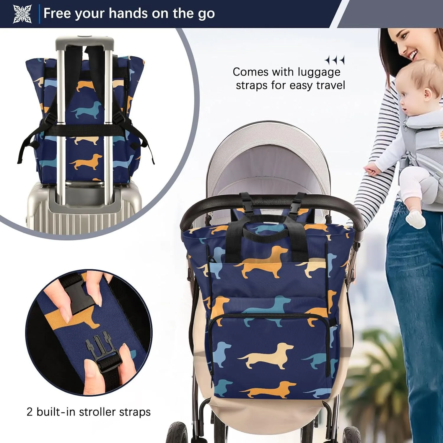 Dachshund Dogs Diaper Bag Backpack for Baby Boys Girls Multifunction Baby Essentials Travel Tote with Stroller Straps & Bottle Storage Maternity Baby Changing Bags for Shopping Hiking Traveling