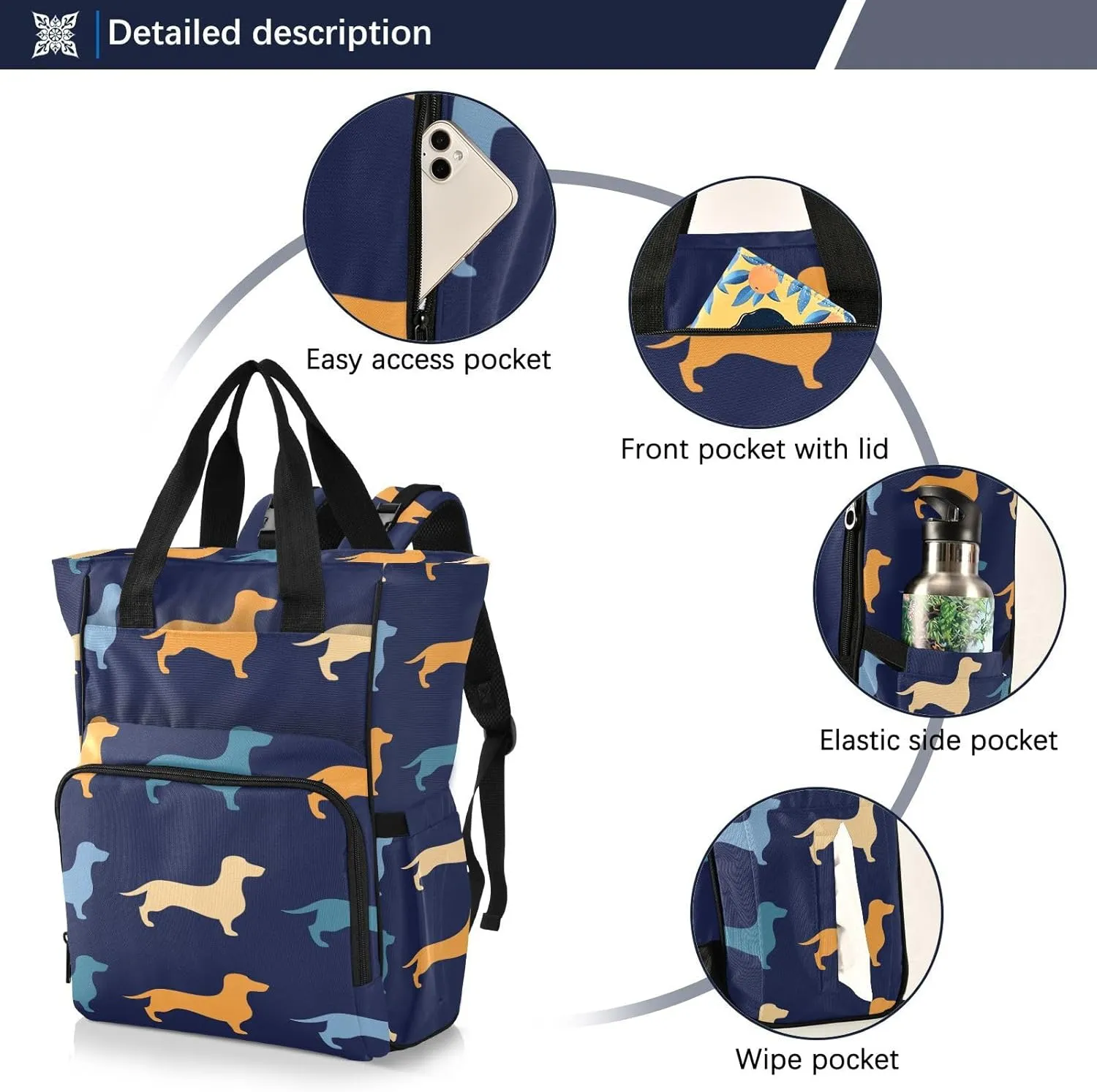 Dachshund Dogs Diaper Bag Backpack for Baby Boys Girls Multifunction Baby Essentials Travel Tote with Stroller Straps & Bottle Storage Maternity Baby Changing Bags for Shopping Hiking Traveling