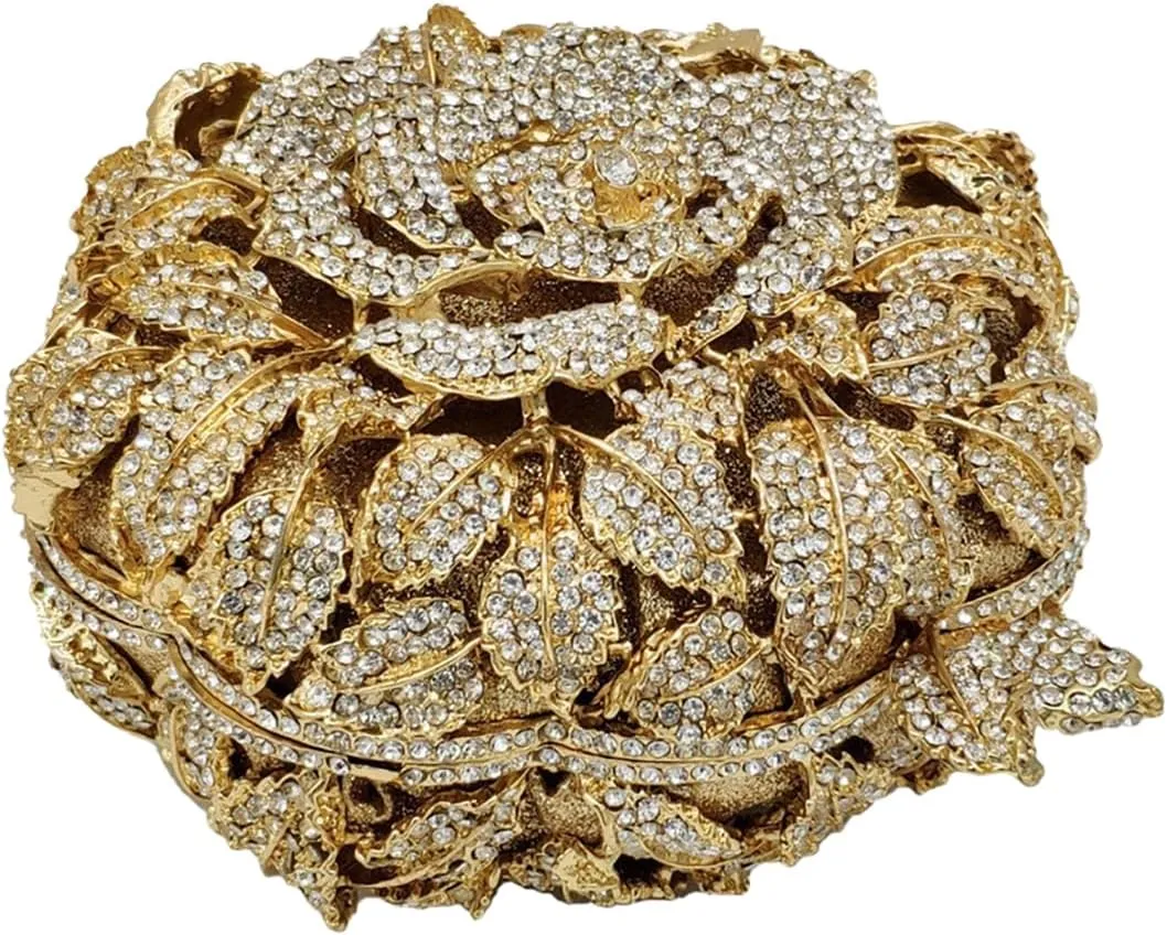 Dazzling Round Shape Rose Flower Evening Bag Elegant Clutch Purses for Women Formal Wedding Party Cocktail Handbags