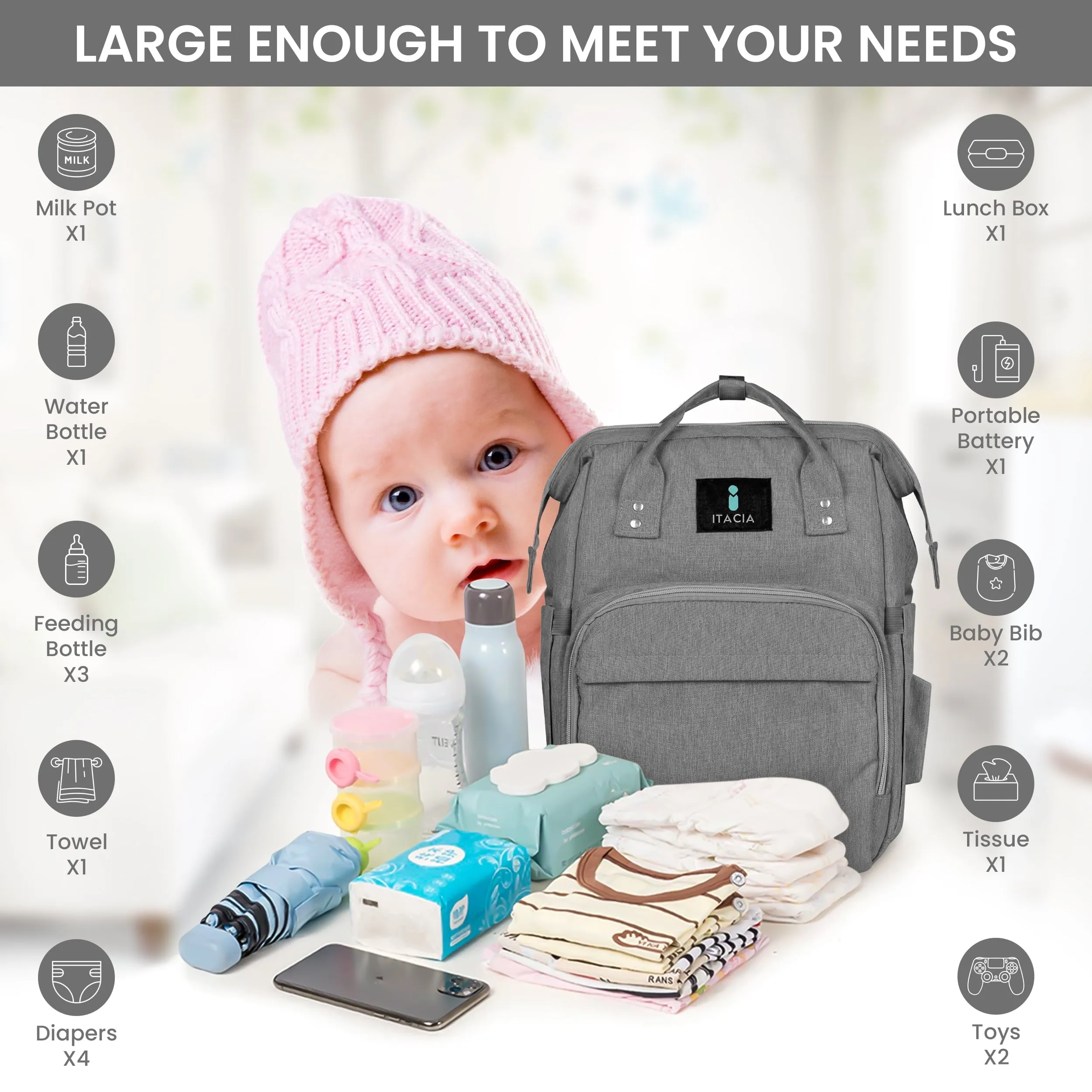 DB231-ITACIA Baby Diaper Bag Backpack With Changing Station-Grey