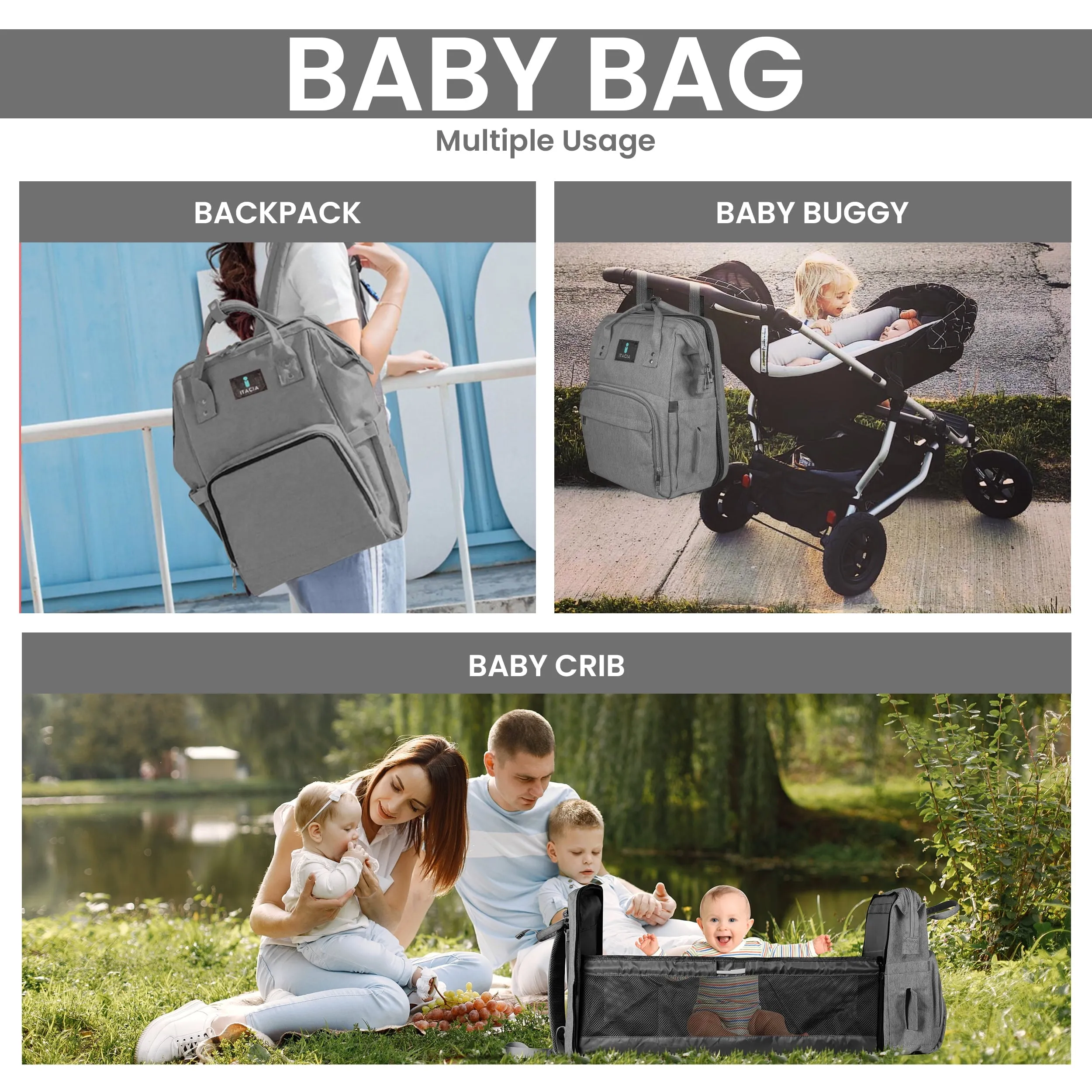 DB231-ITACIA Baby Diaper Bag Backpack With Changing Station-Grey