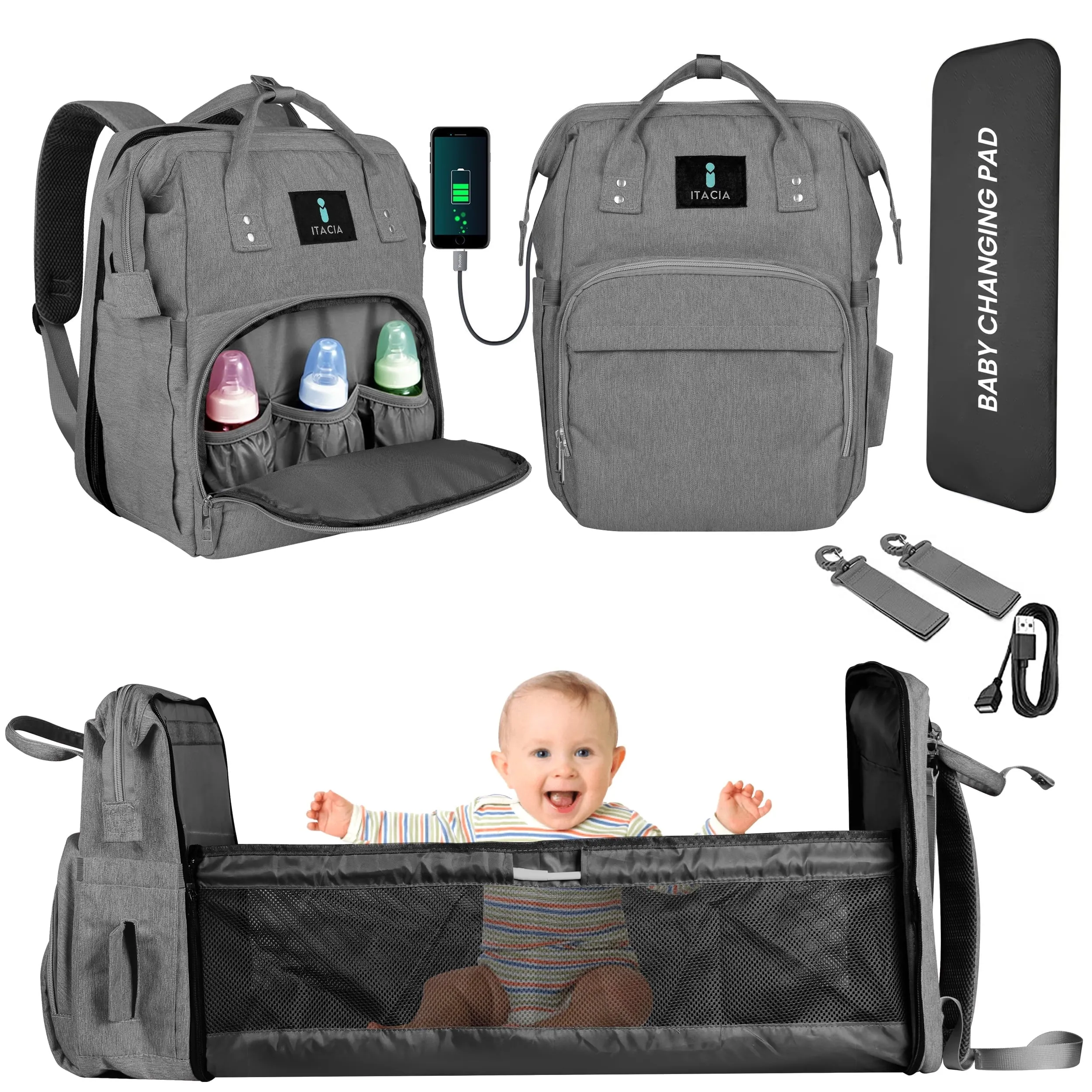 DB231-ITACIA Baby Diaper Bag Backpack With Changing Station-Grey