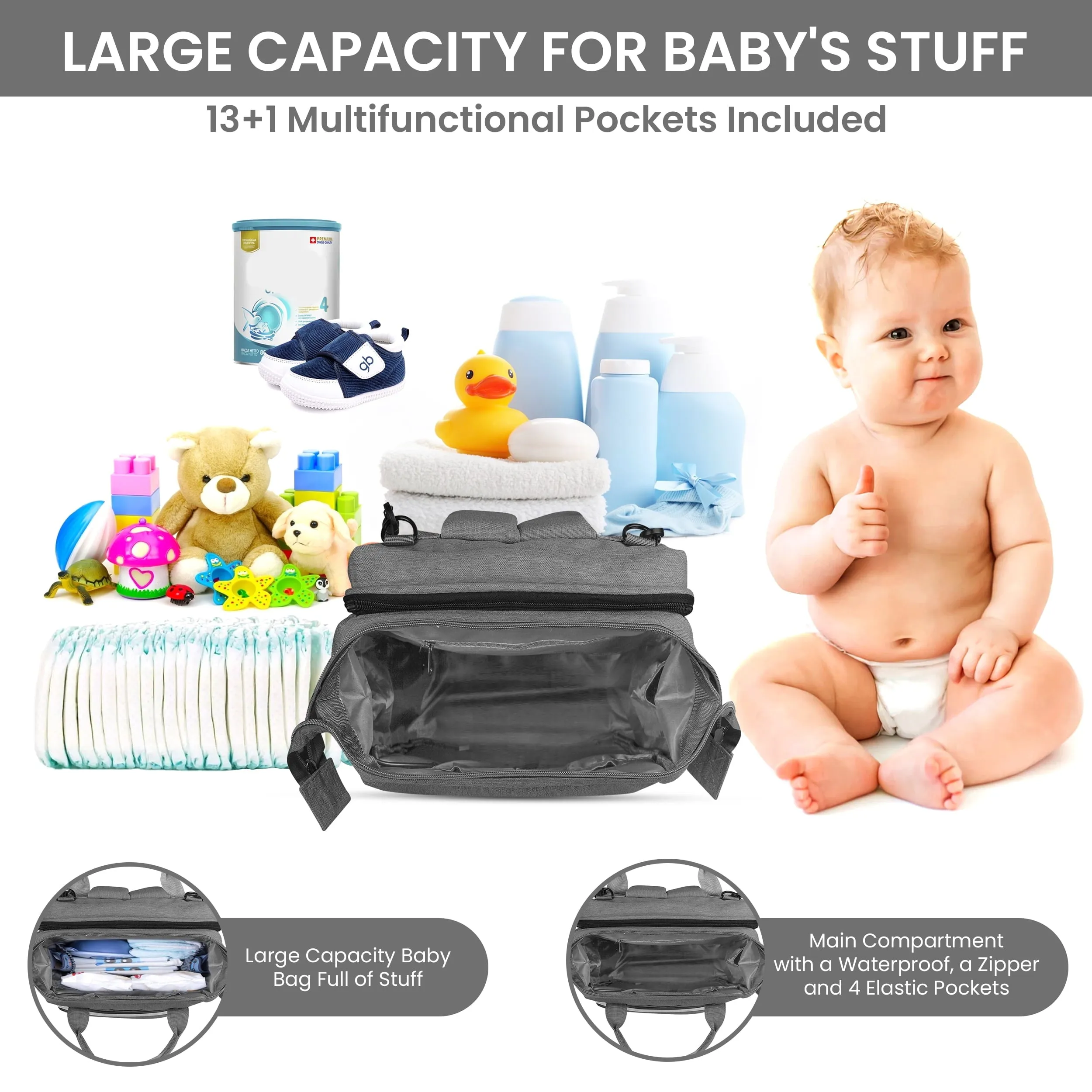 DB231-ITACIA Baby Diaper Bag Backpack With Changing Station-Grey
