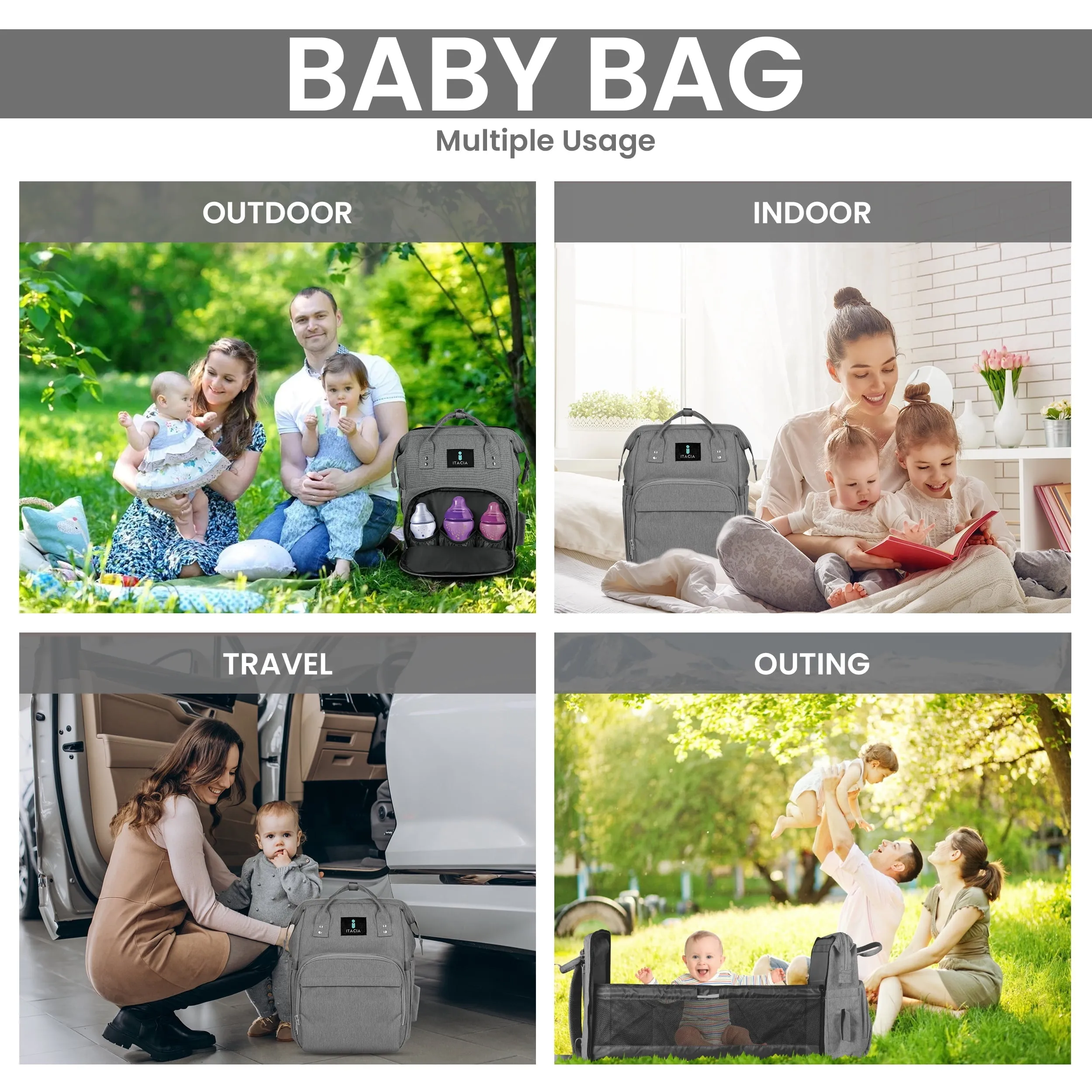 DB231-ITACIA Baby Diaper Bag Backpack With Changing Station-Grey